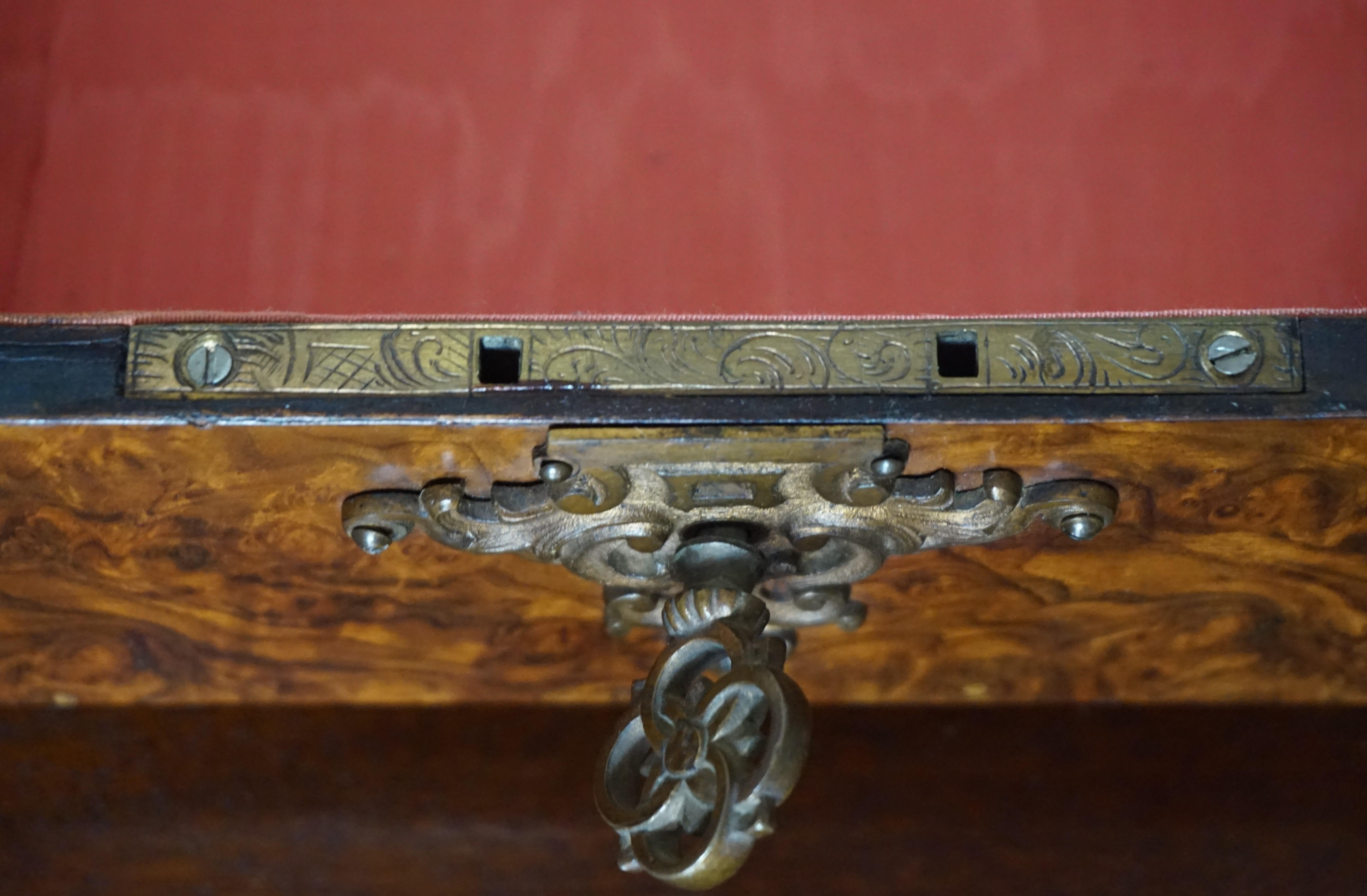 Hand-Crafted Stunning Late 1800s Bronze & Burl Walnut Jewelry Box, Great Patina, Lock & Key