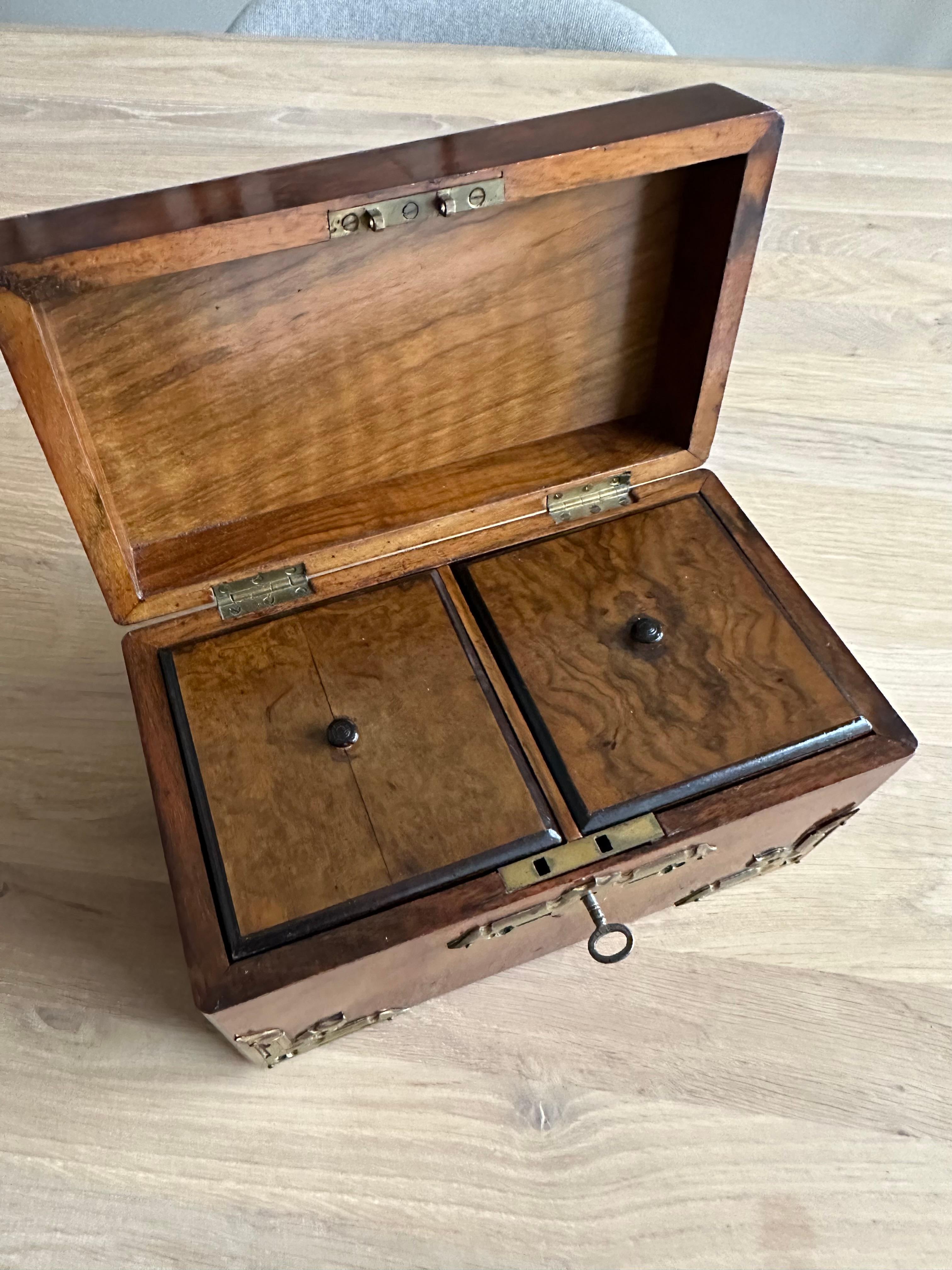 Stunning Late 1800s Gothic Revival Nussbaum & Messing Tea Caddy Box W. Great Patina im Angebot 6