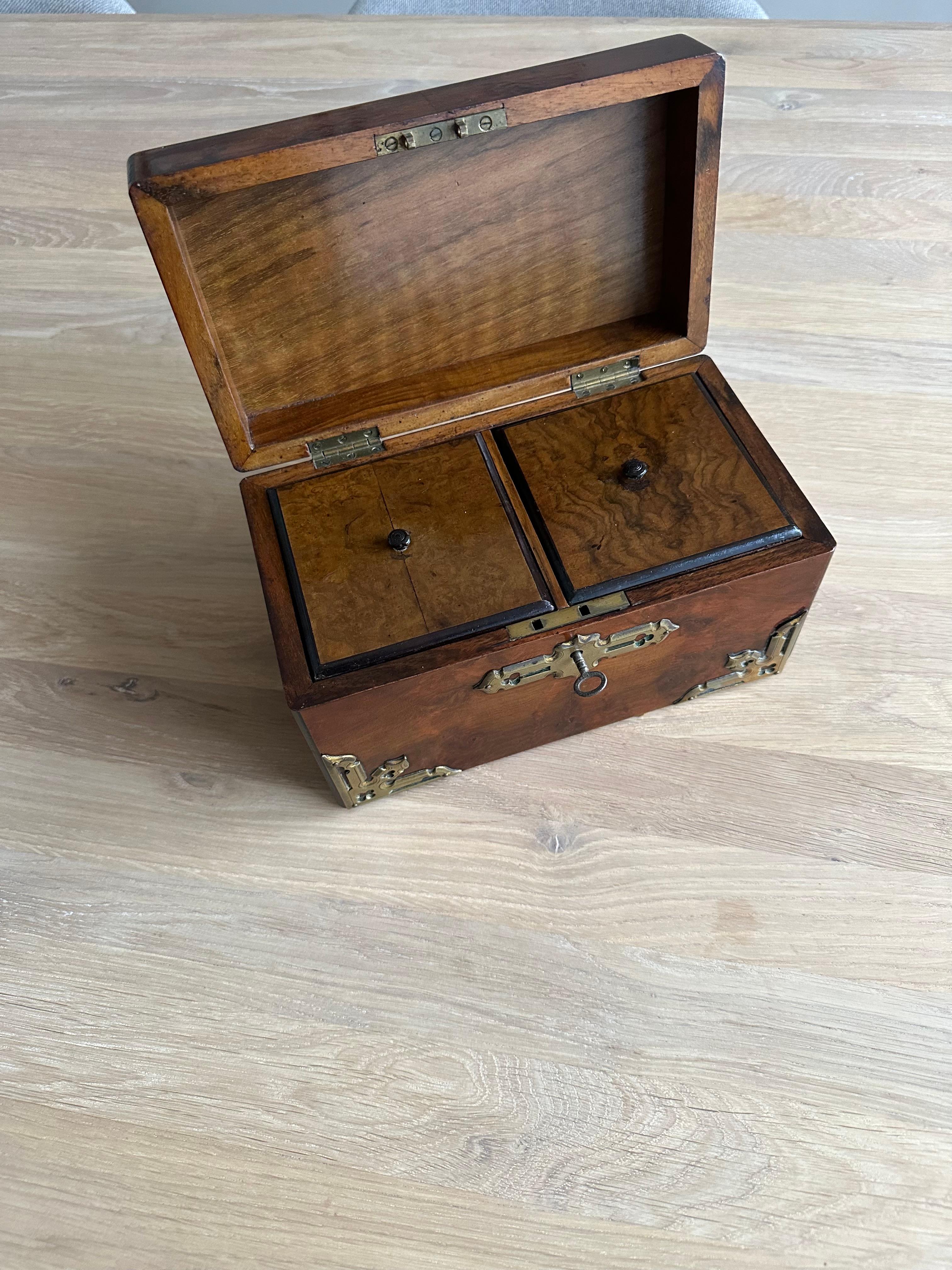 Stunning Late 1800s Gothic Revival Nussbaum & Messing Tea Caddy Box W. Great Patina (Gegossen) im Angebot