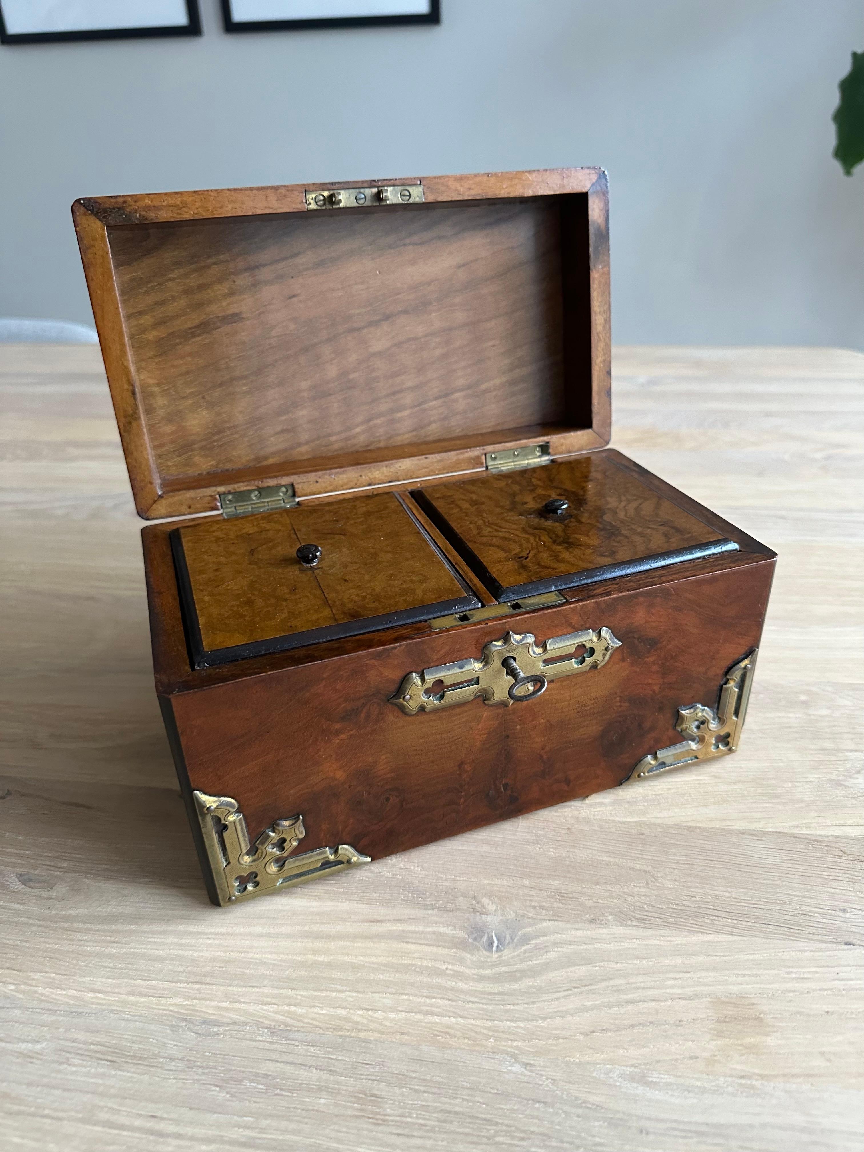 Stunning Late 1800s Gothic Revival Nussbaum & Messing Tea Caddy Box W. Great Patina im Zustand „Gut“ im Angebot in Lisse, NL