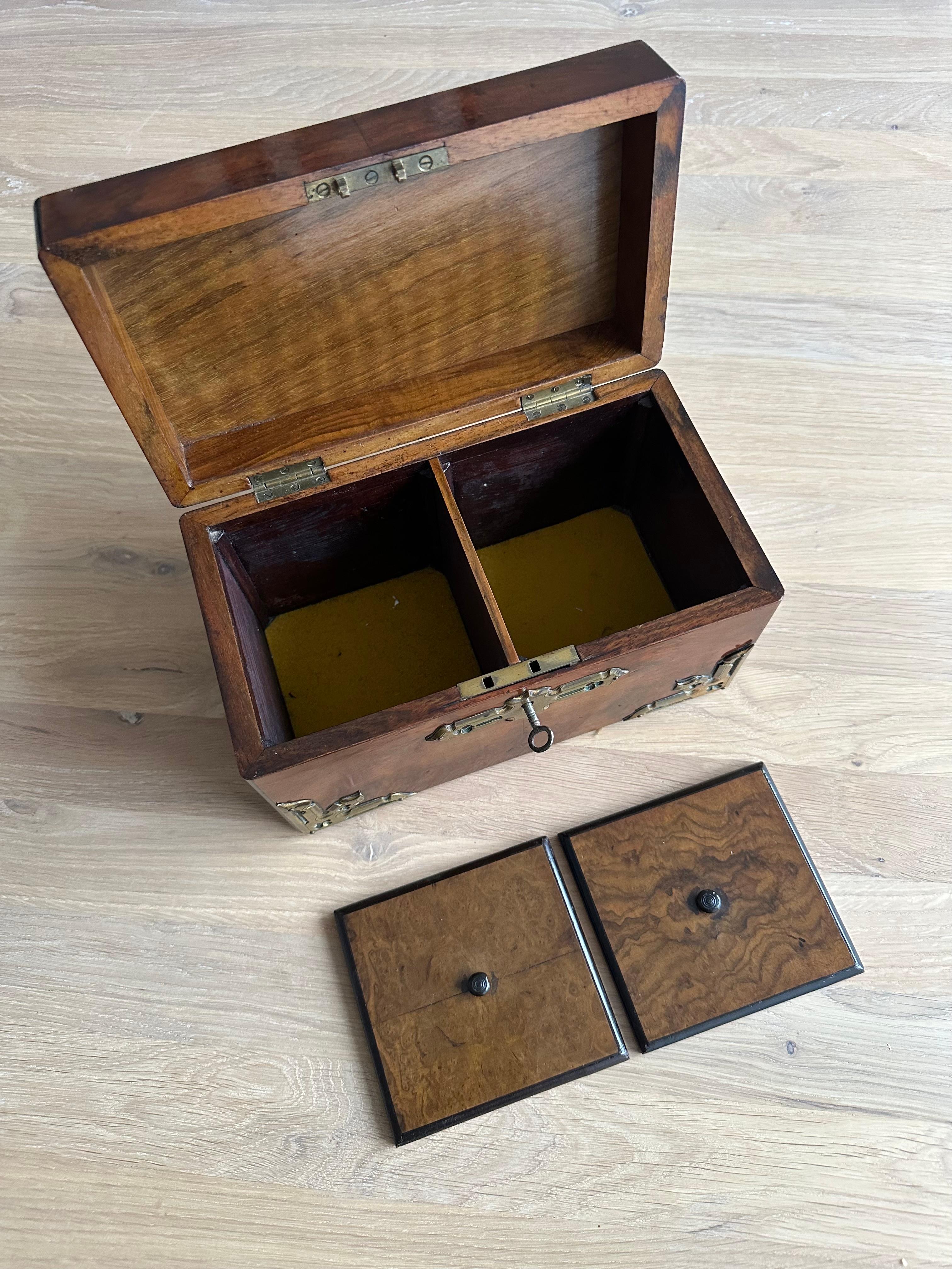 Stunning Late 1800s Gothic Revival Nussbaum & Messing Tea Caddy Box W. Great Patina (19. Jahrhundert) im Angebot