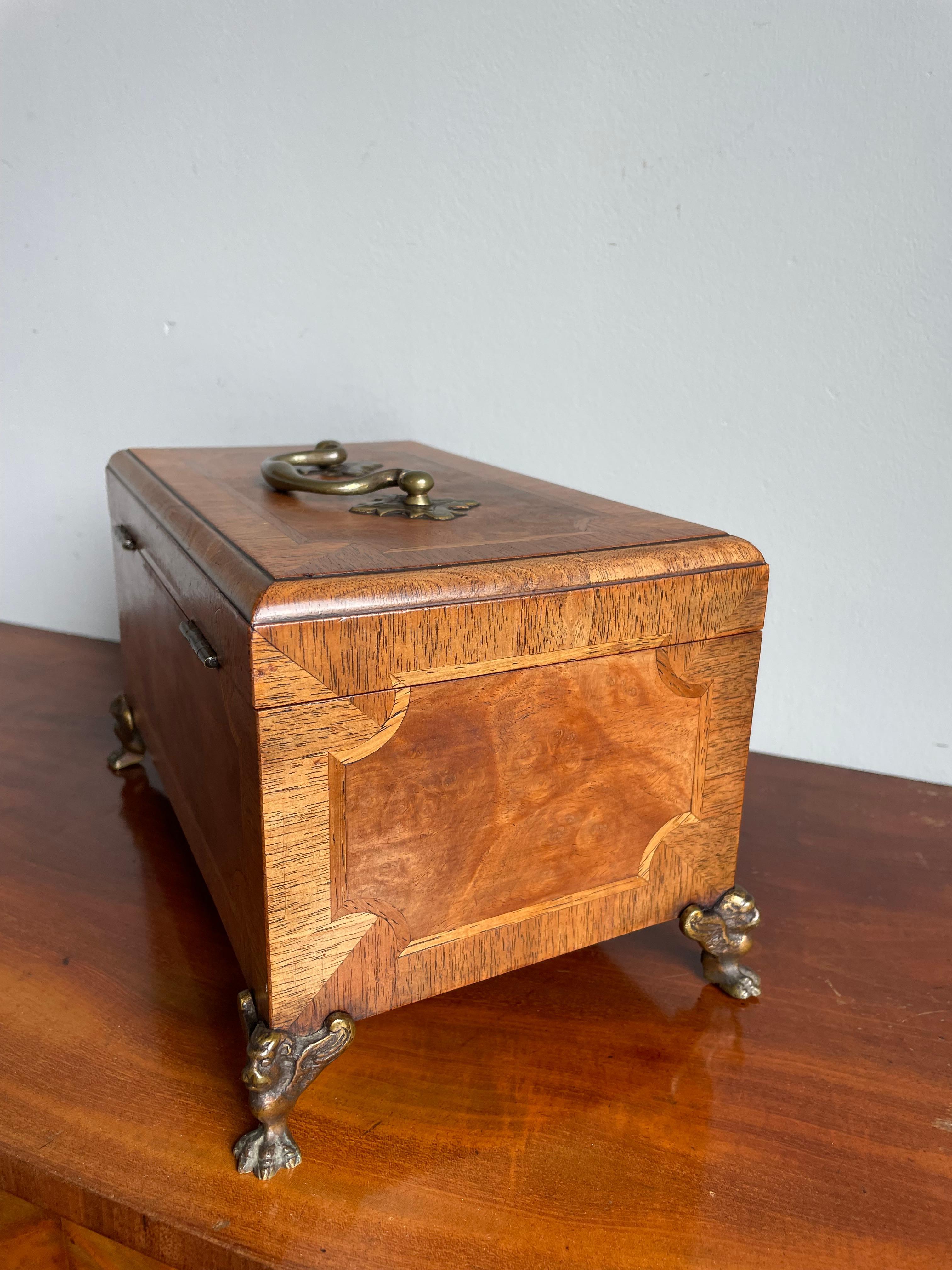 Stunning Late 1800s Walnut, Burl Walnut & Bronze Jewelry Box with a Great Patina 4