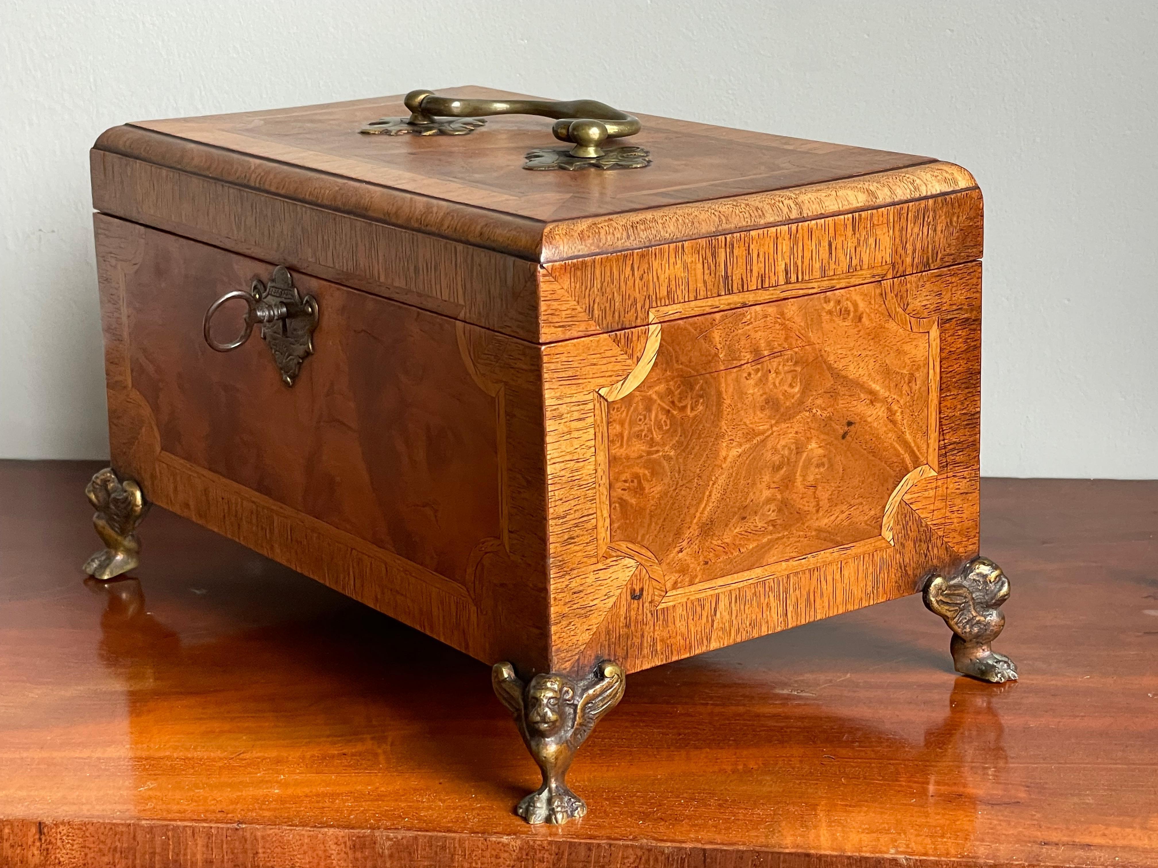 Stunning Late 1800s Walnut, Burl Walnut & Bronze Jewelry Box with a Great Patina 5