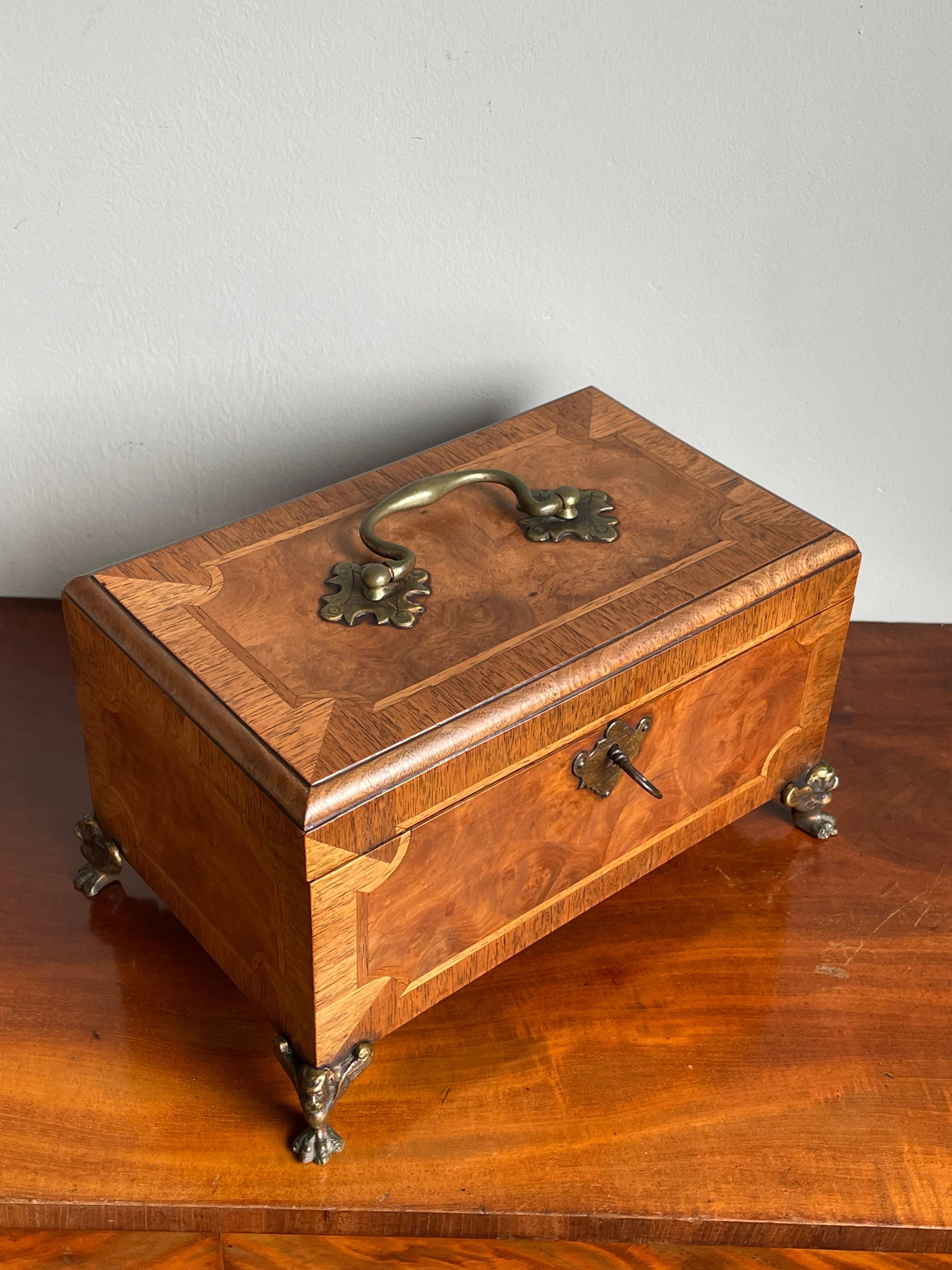 Stunning Late 1800s Walnut, Burl Walnut & Bronze Jewelry Box with a Great Patina 8