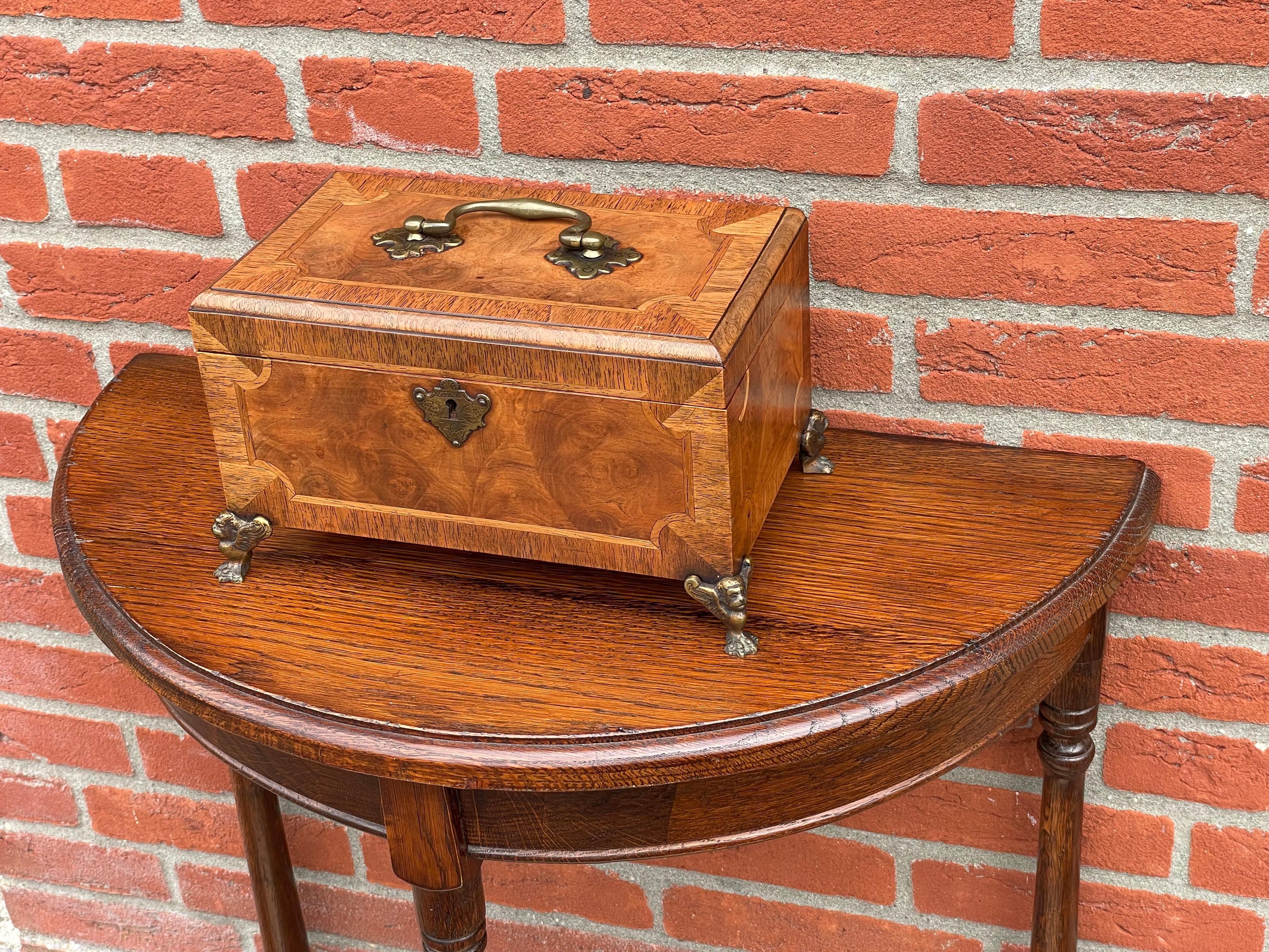 Stunning Late 1800s Walnut, Burl Walnut & Bronze Jewelry Box with a Great Patina 10