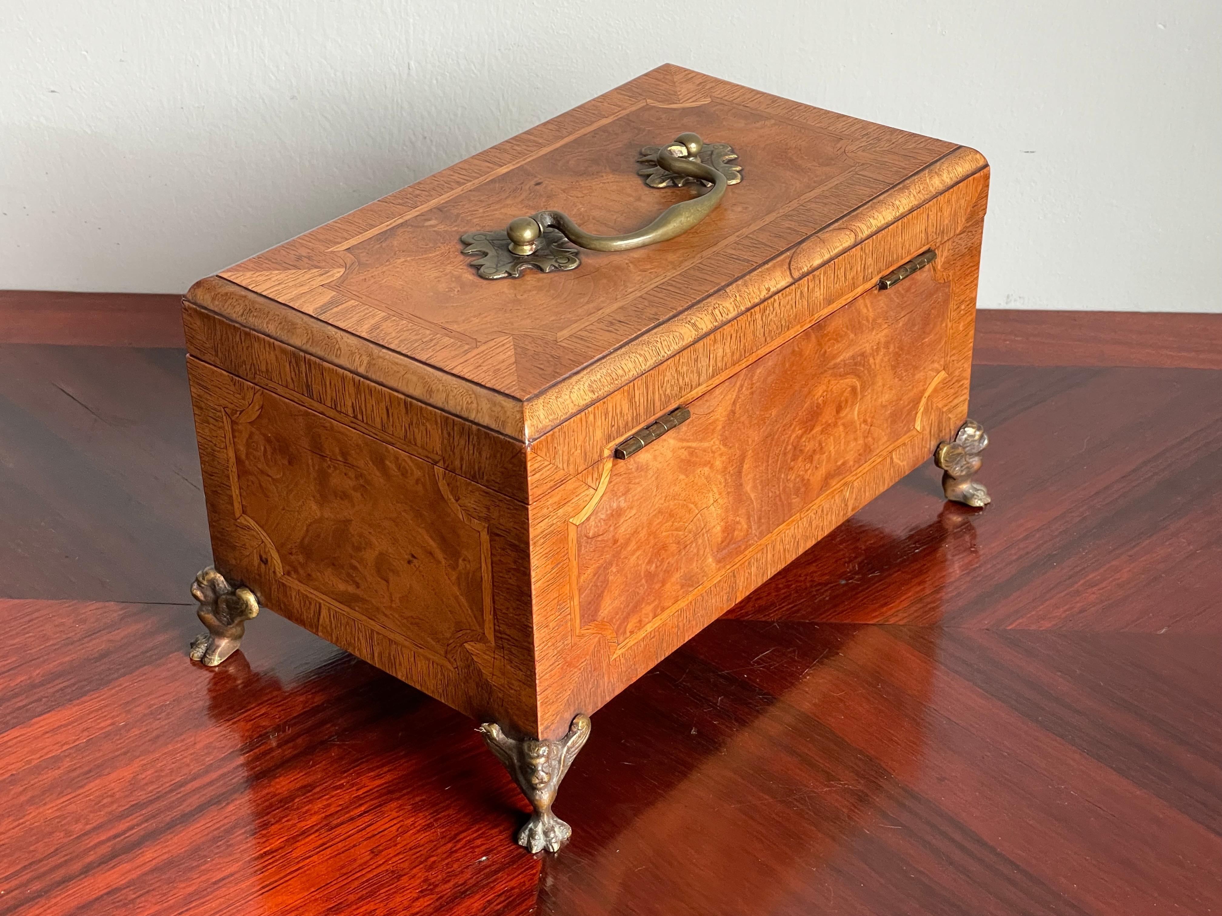 Cast Stunning Late 1800s Walnut, Burl Walnut & Bronze Jewelry Box with a Great Patina