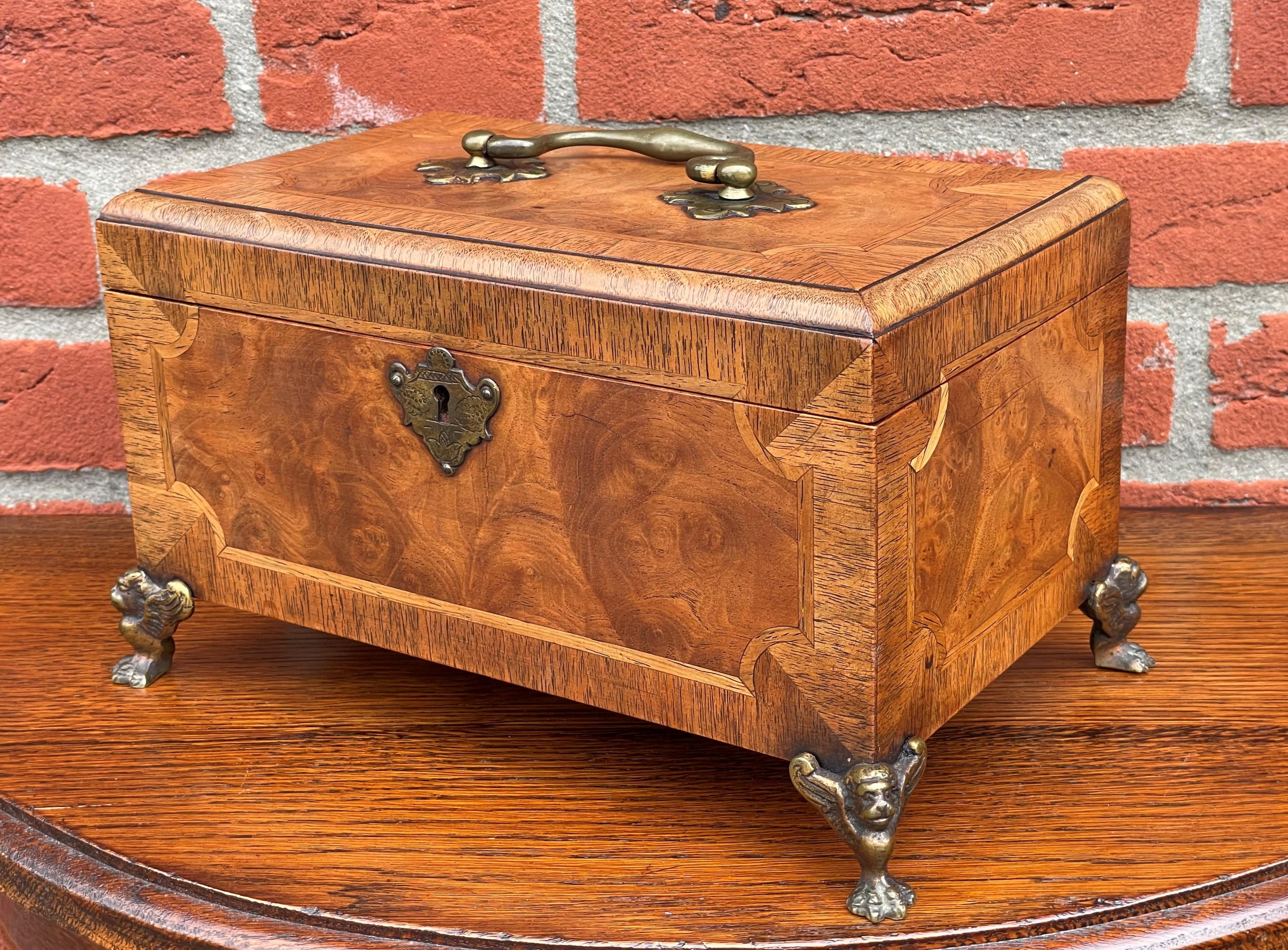 Stunning Late 1800s Walnut, Burl Walnut & Bronze Jewelry Box with a Great Patina 1