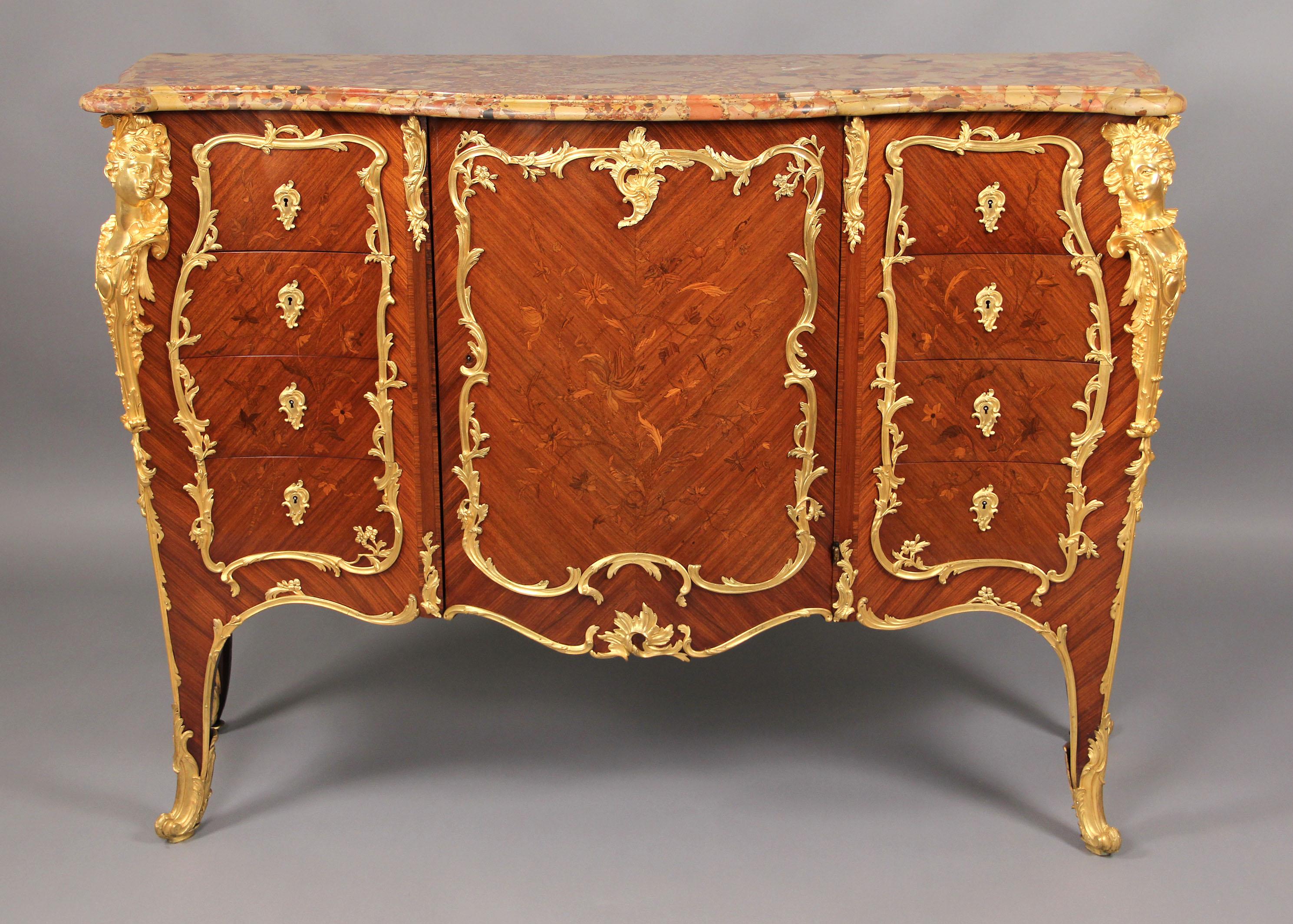 A Stunning Late 19th Century Louis XV Style Gilt Bronze Mounted Hand-cut Floral Marquetry Cabinet By François Linke

François Linke

Brèche d’Alep serpentine fronted marble top, above a single floral marquetry door and flanked by four small drawers