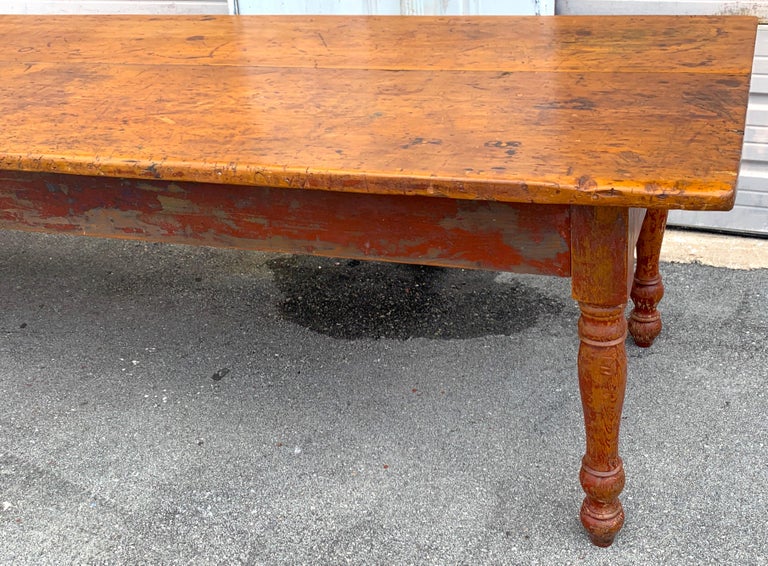 Stunning Late 19th Century Southern Red Paint and Chestnut Farm Table For Sale 9