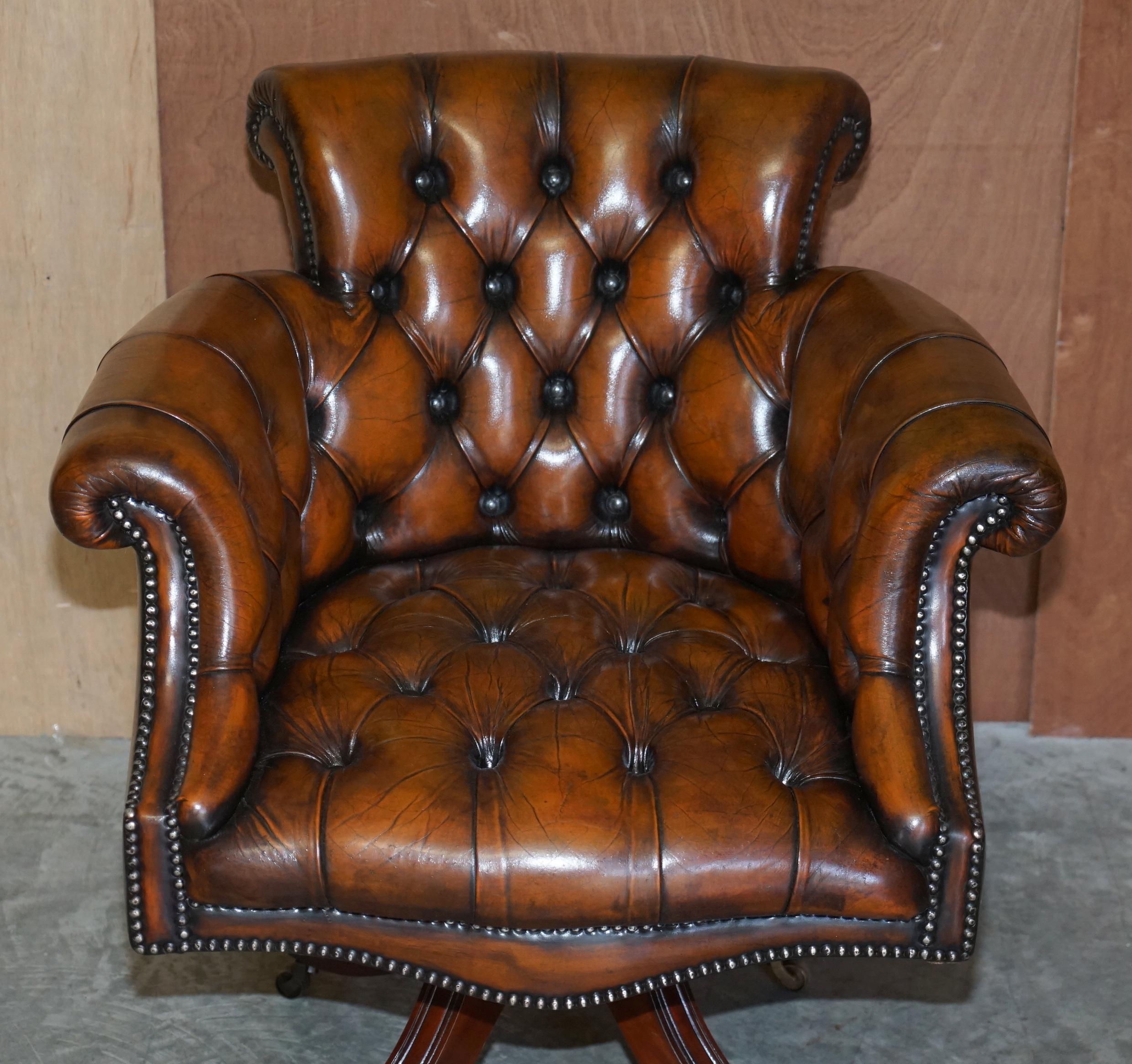 English Stunning Late Victorian Restored Brown Leather Chesterfield Captains Armchair