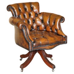 Antique Stunning Late Victorian Restored Brown Leather Chesterfield Captains Armchair