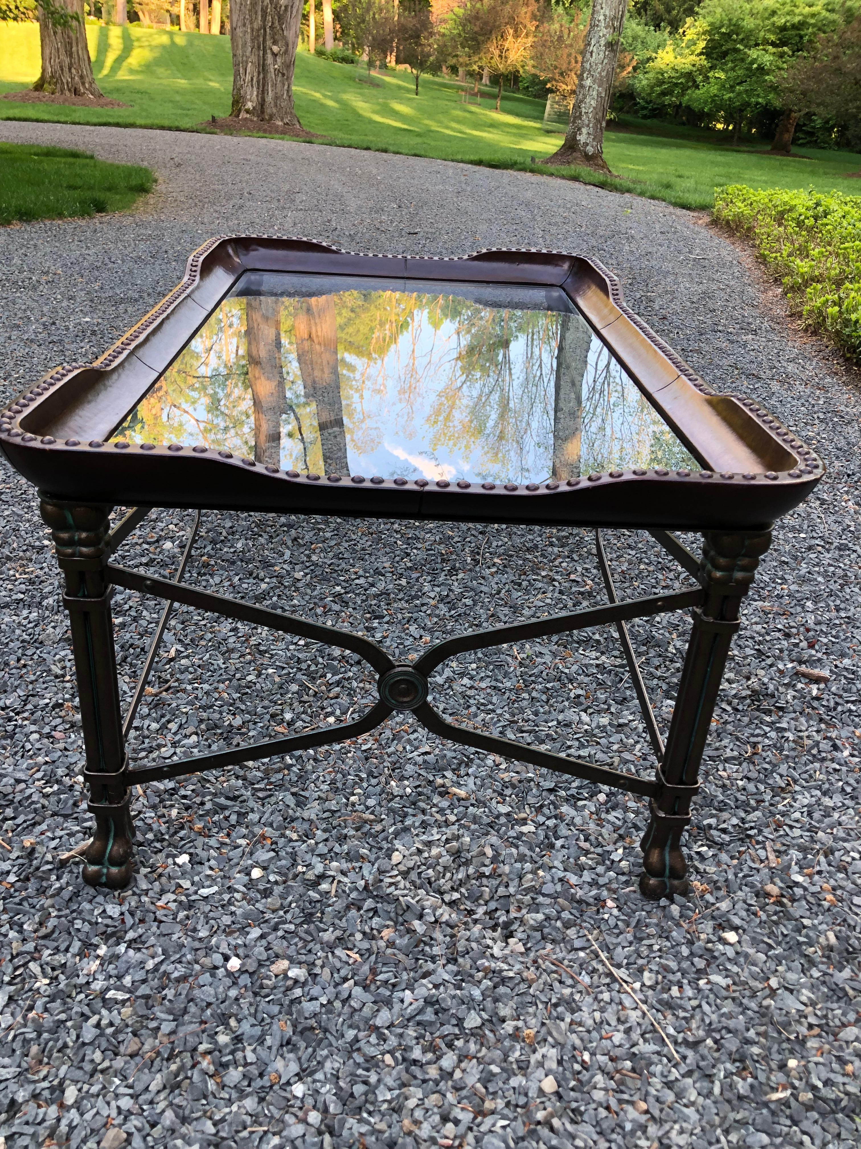 Regency Stunning Leather Iron and Glass Rectangular Coffee Table