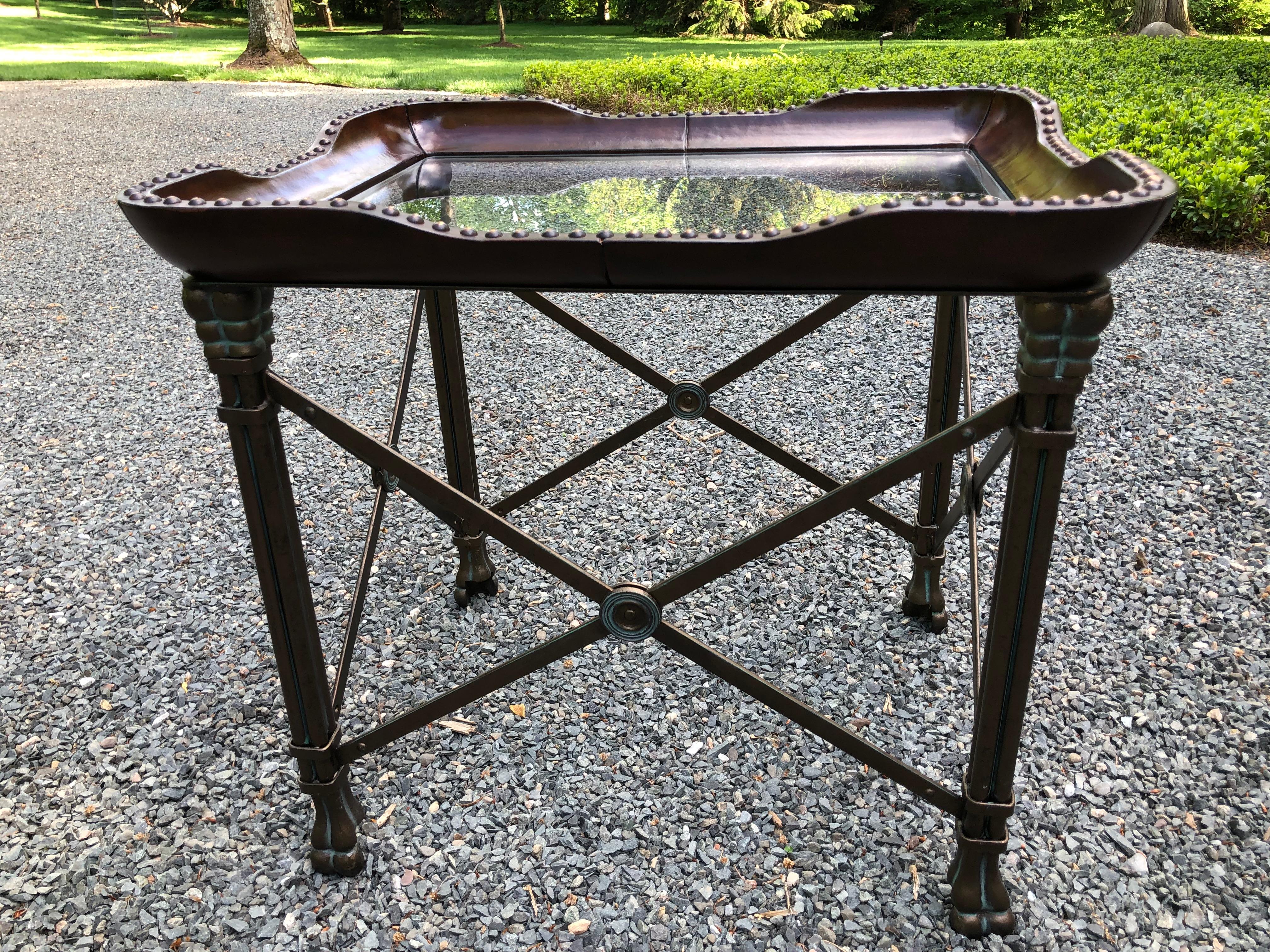 American Stunning Leather Iron and Glass Rectangular Coffee Table
