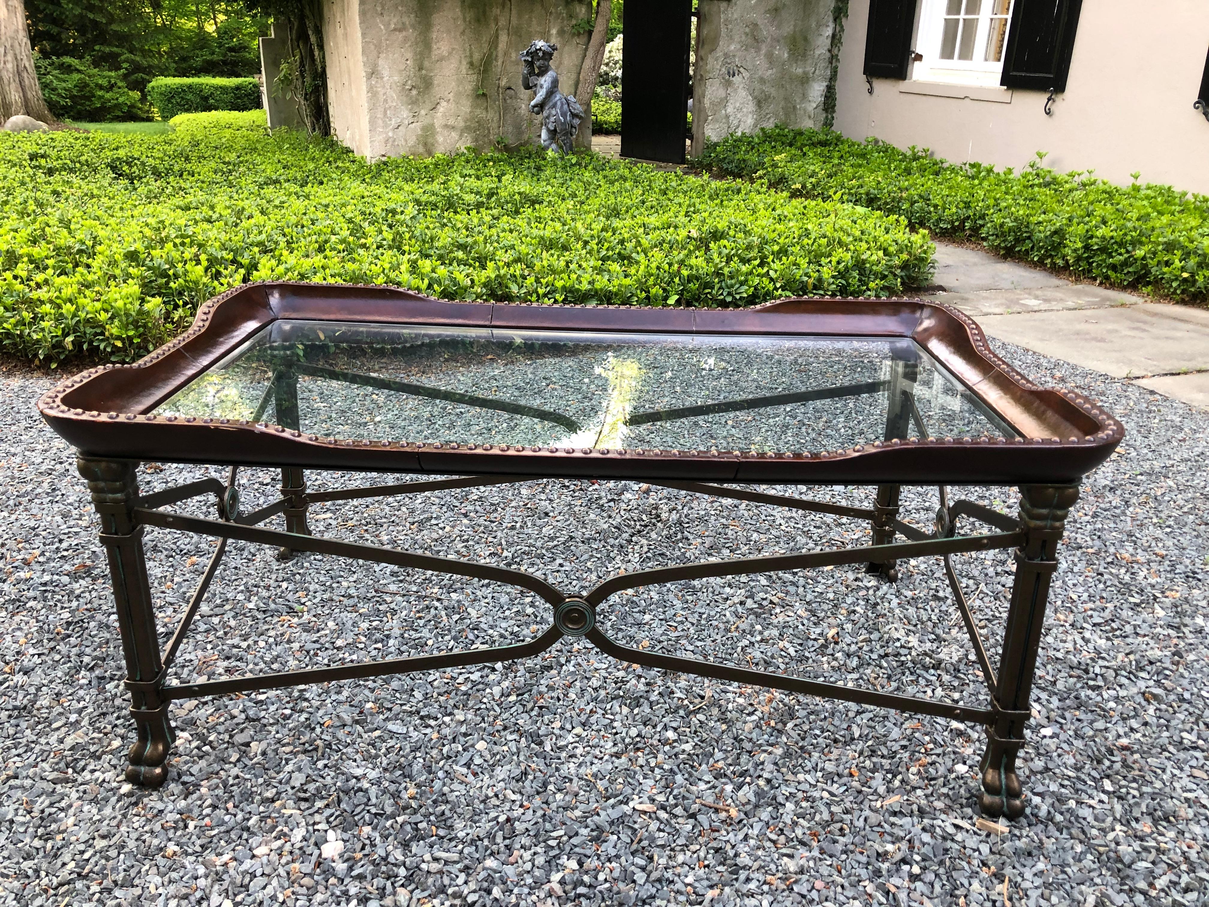 Stunning Leather Iron and Glass Rectangular Coffee Table In Good Condition In Hopewell, NJ