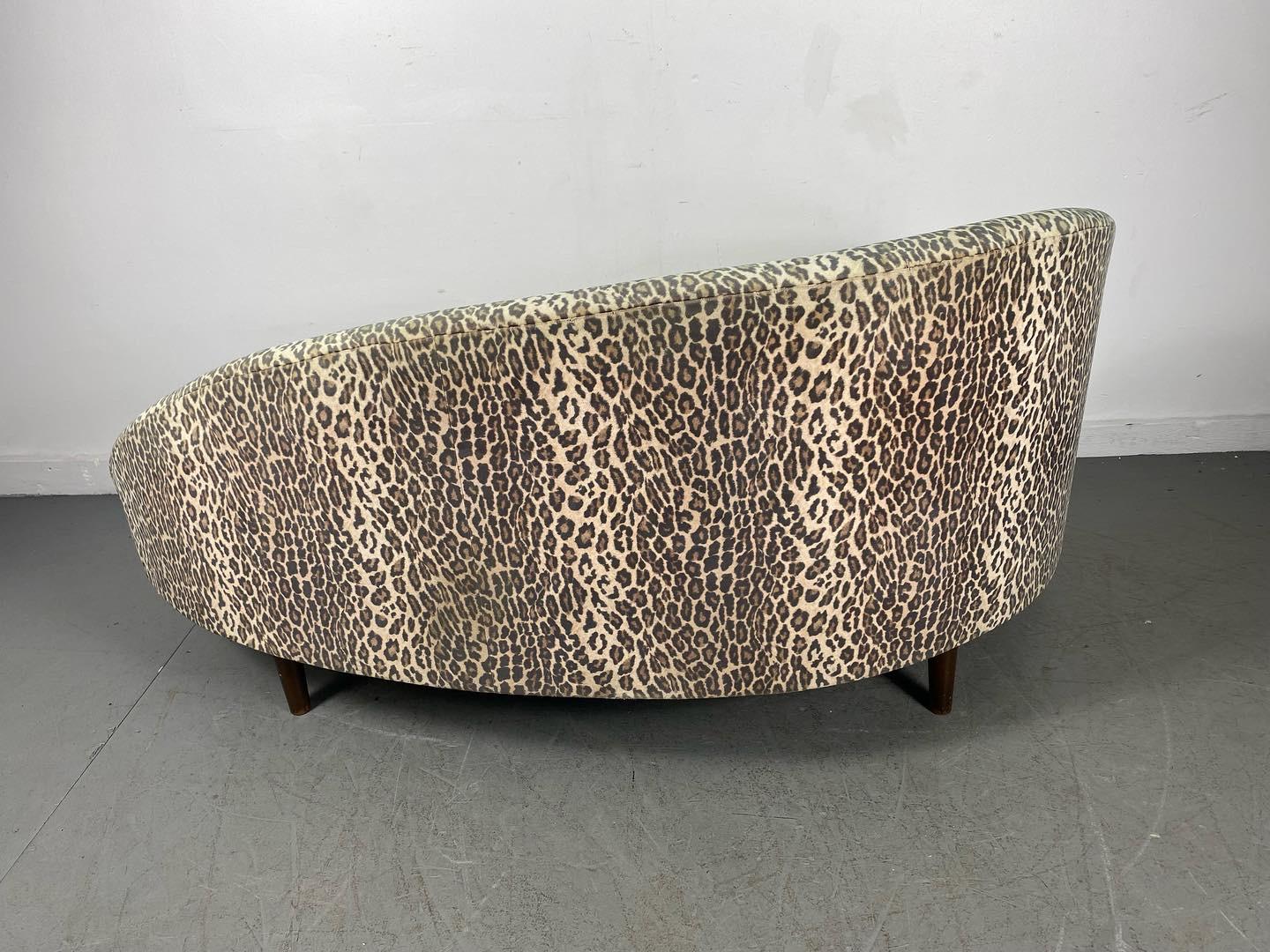 Stunning Mid-Century Modernist chaise lounge designed by Adrian Pearsall for Craft Associated. Retains original Leopard patterned upholstery, great original condition, original castors no longer present, great ovoid design, extremely comfortable,