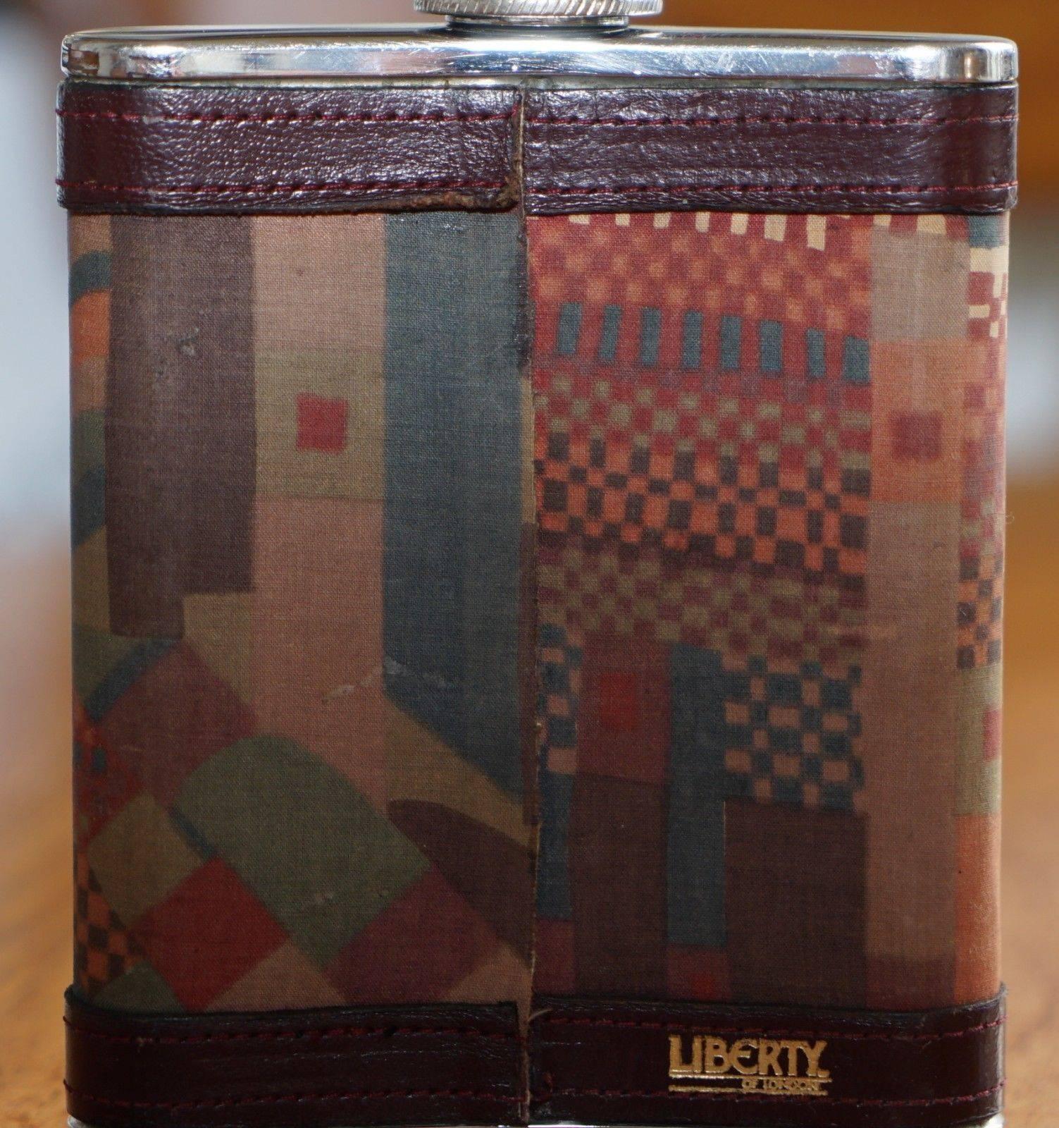 Mid-Century Modern Stunning Liberty London Kilim & Brown Leather Hip Flask Stainless Steel 6oz