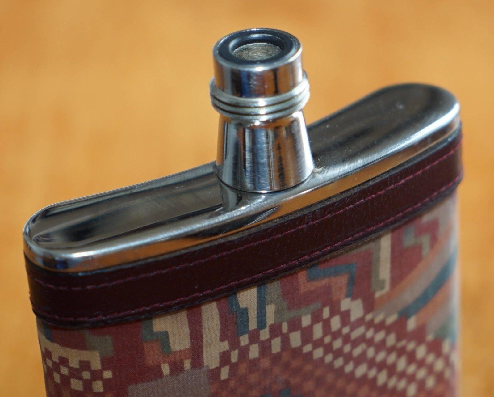 20th Century Stunning Liberty London Kilim & Brown Leather Hip Flask Stainless Steel 6oz