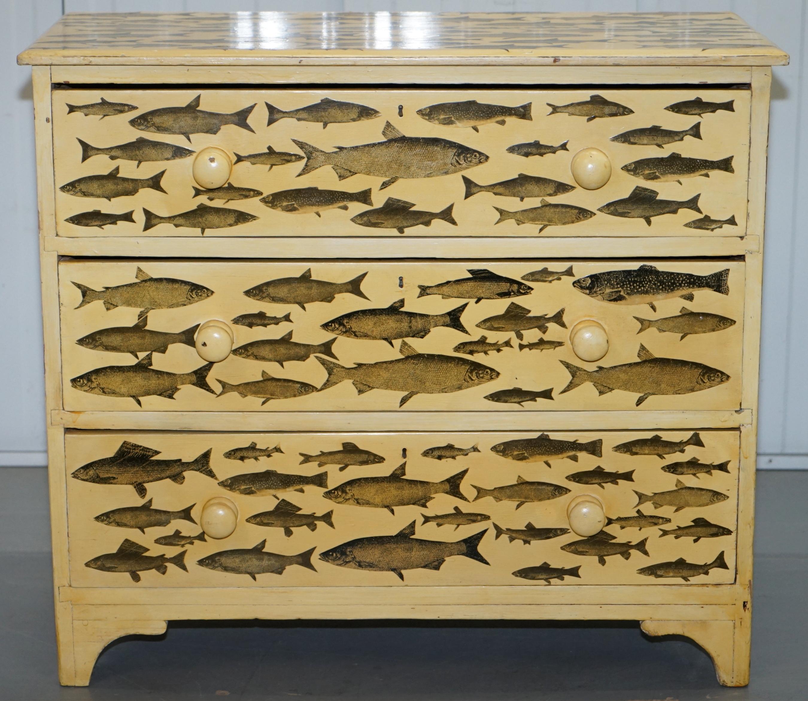 19th Century Stunning Liberty's London Fish Decoupage Victorian Chest of Drawers Lovely Size