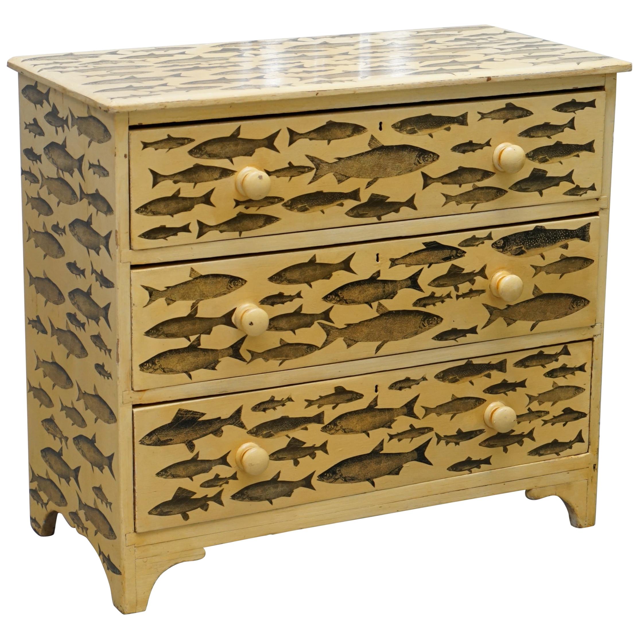 Stunning Liberty's London Fish Decoupage Victorian Chest of Drawers Lovely Size