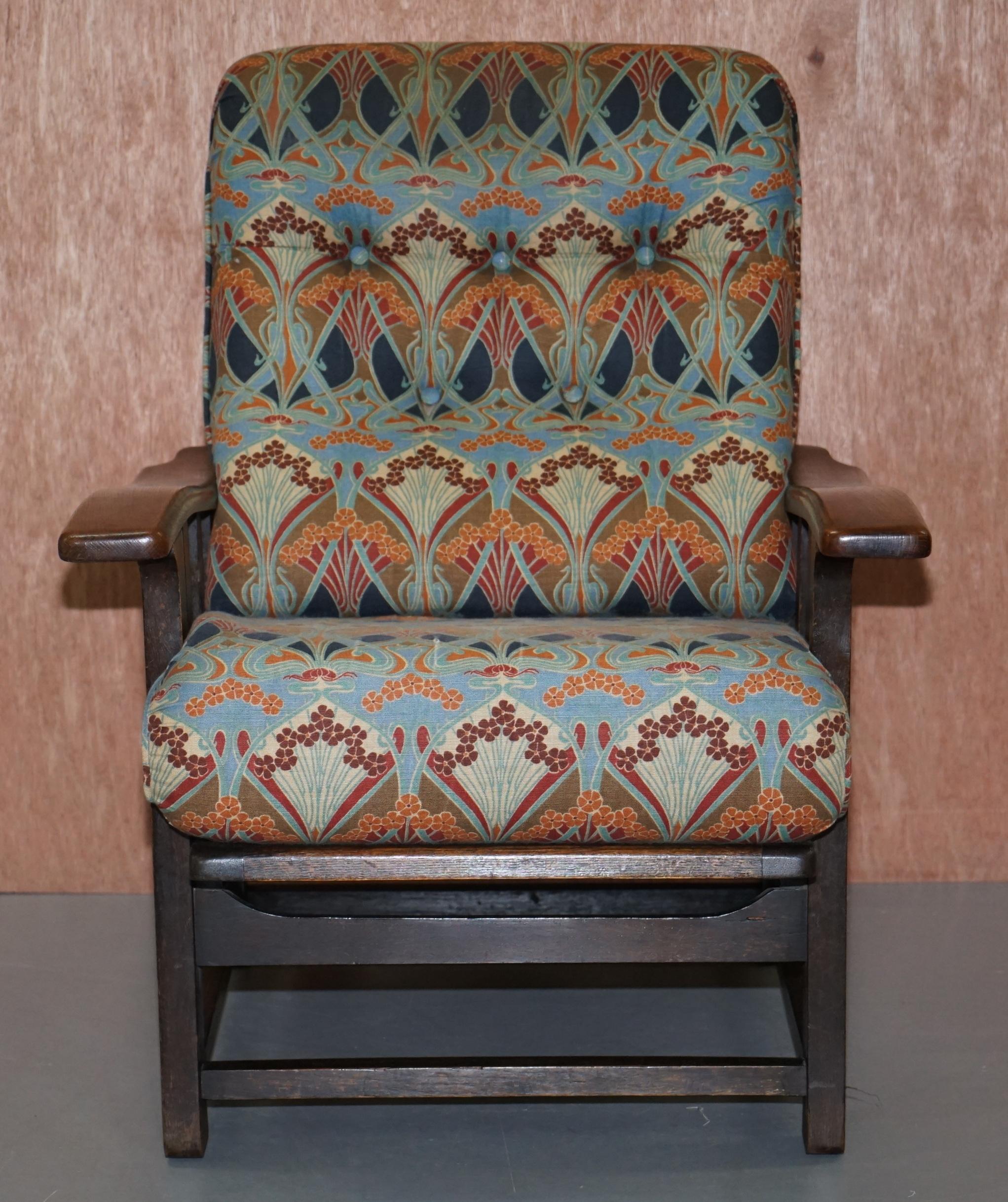 We are delighted to offer for sale this lovely original Arts & Crafts Liberty’s London reclining armchair upholstered in Liberty Ianthe upholstery

A good looking well made and exceptionally conformable library reading armchair. Upholstered in