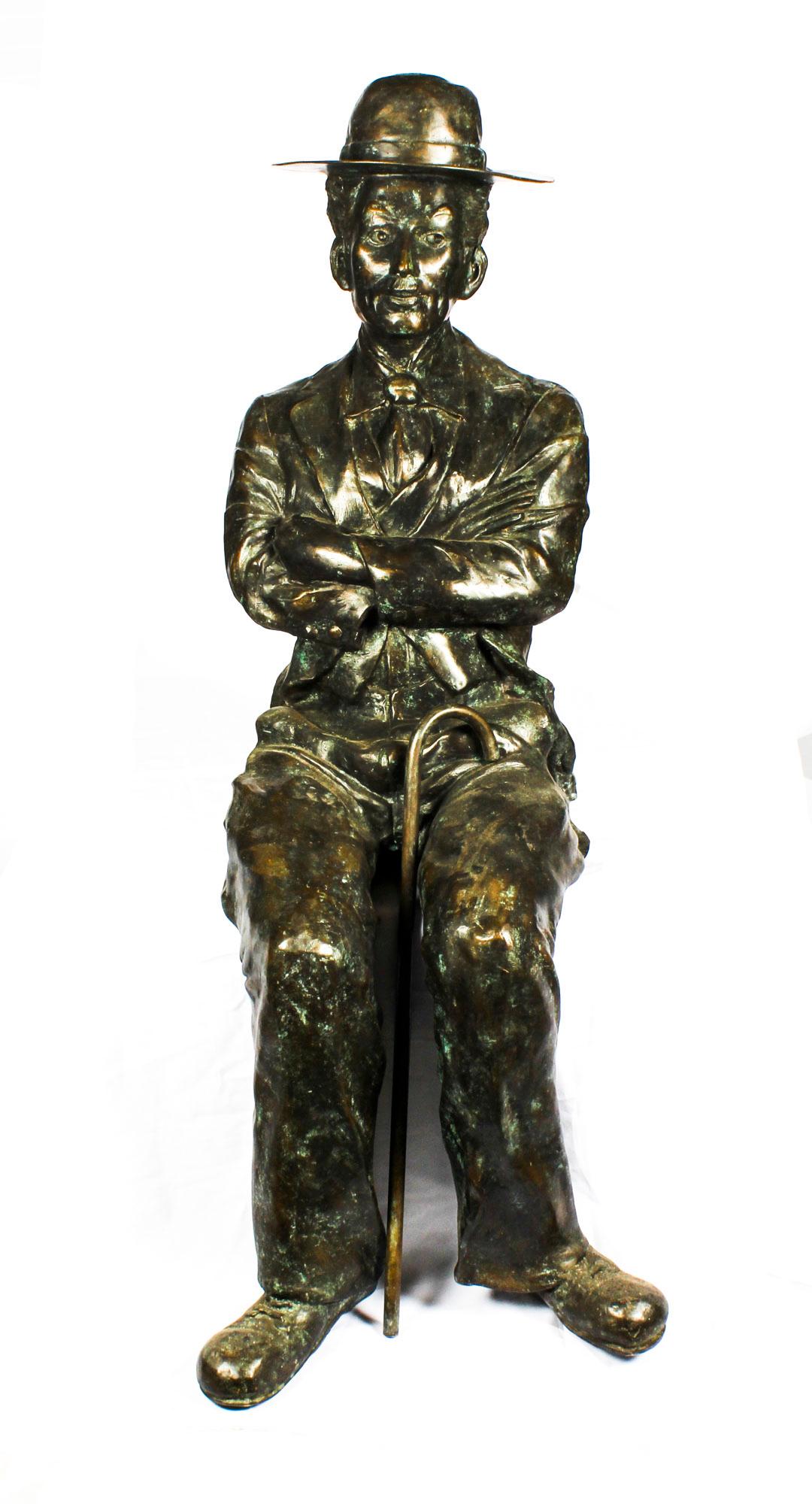 A truly stunning bronze sculpture of a seated Charlie Chaplin with his trademark cane, dating from the late 20th century.

The attention to detail is absolutely fantastic and really brings this piece to life all you need to add is the seat, bench