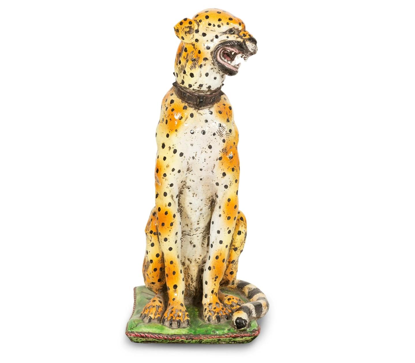 Stunning Life Size Italian Glazed Terracotta Leopard In Good Condition In Bradenton, FL