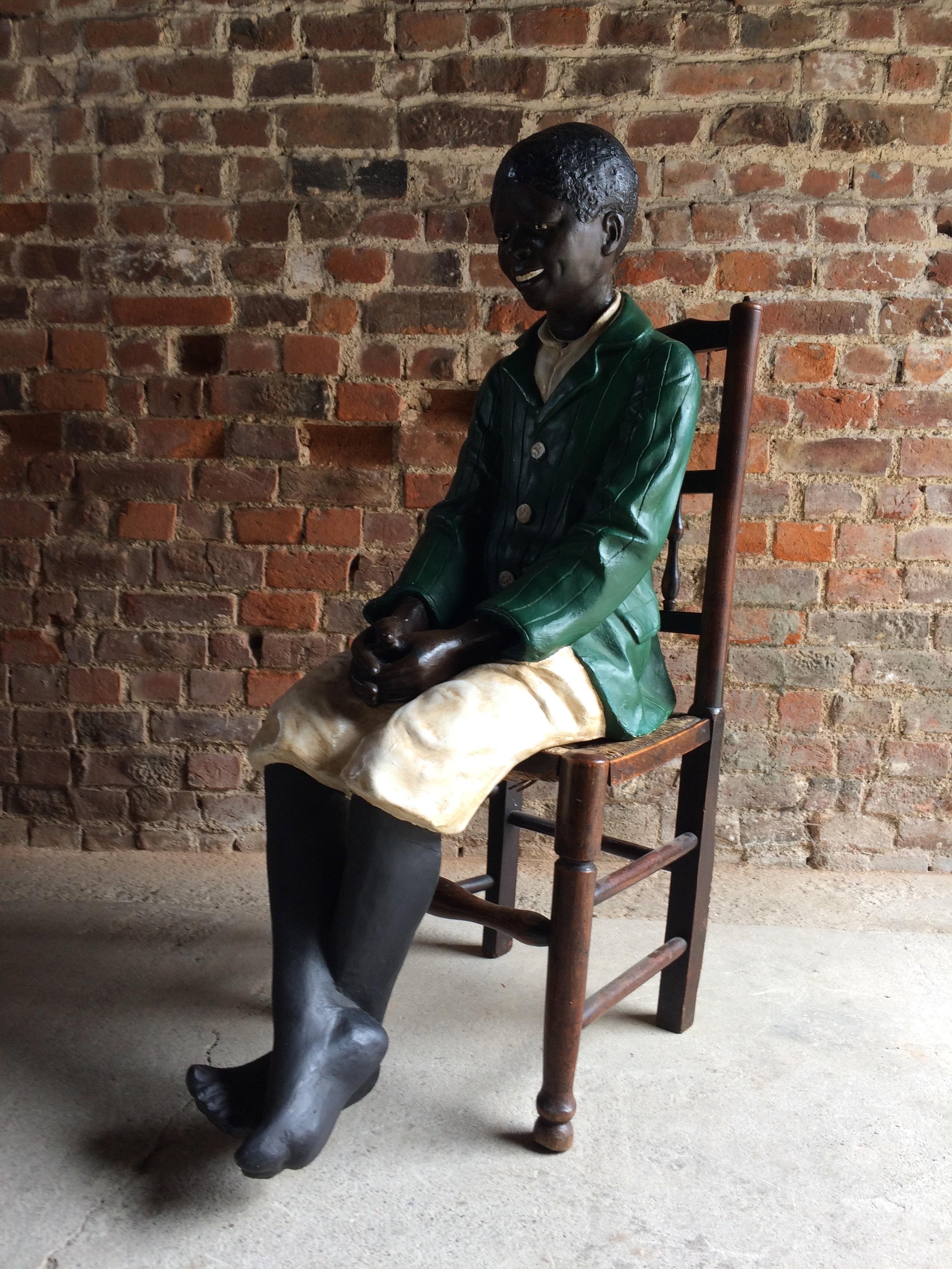 Late 20th Century Stunning Life-Size Statue of Boy African American Goldscheider Style Painted