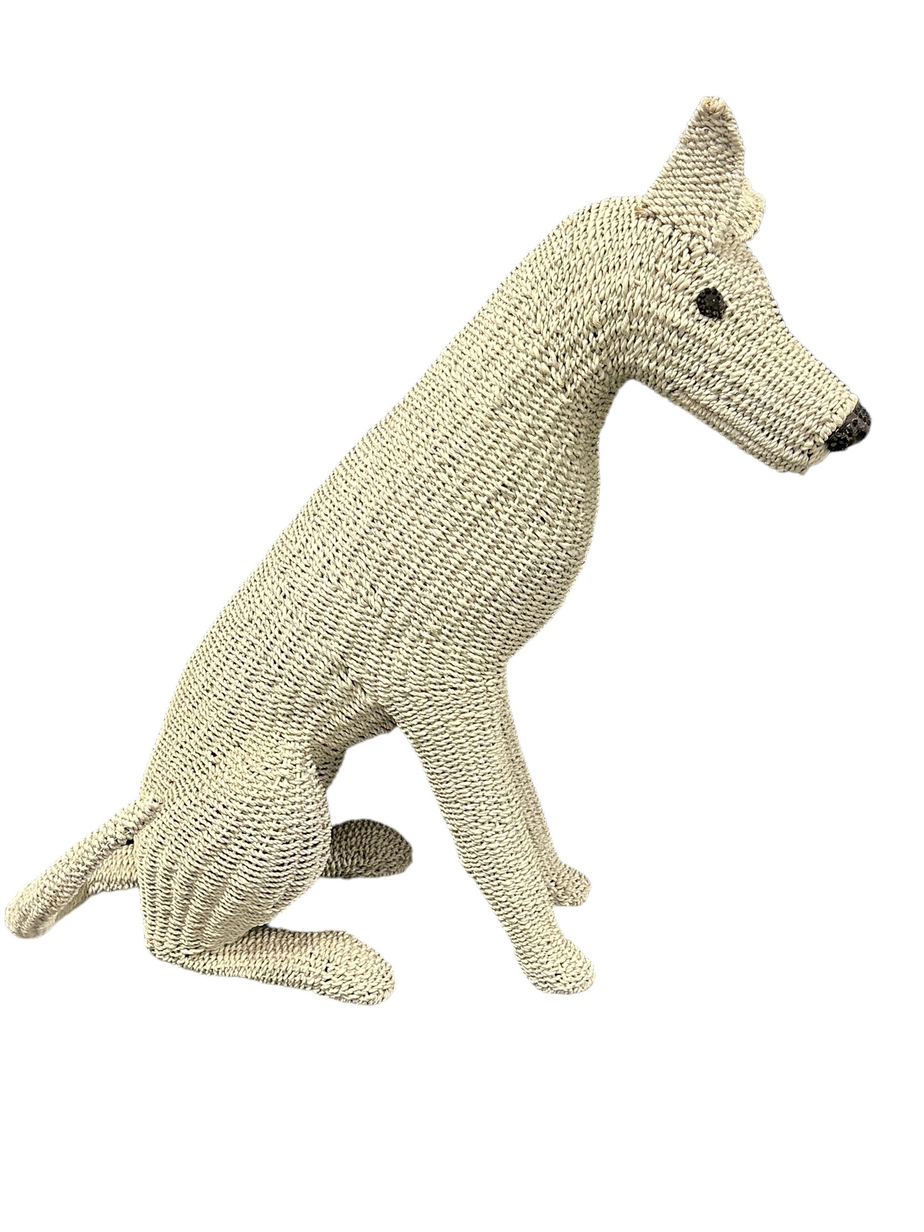 Hollywood Regency Stunning Life Size White Rattan Wicker Dog Statue Figure, Italy, 1960s For Sale