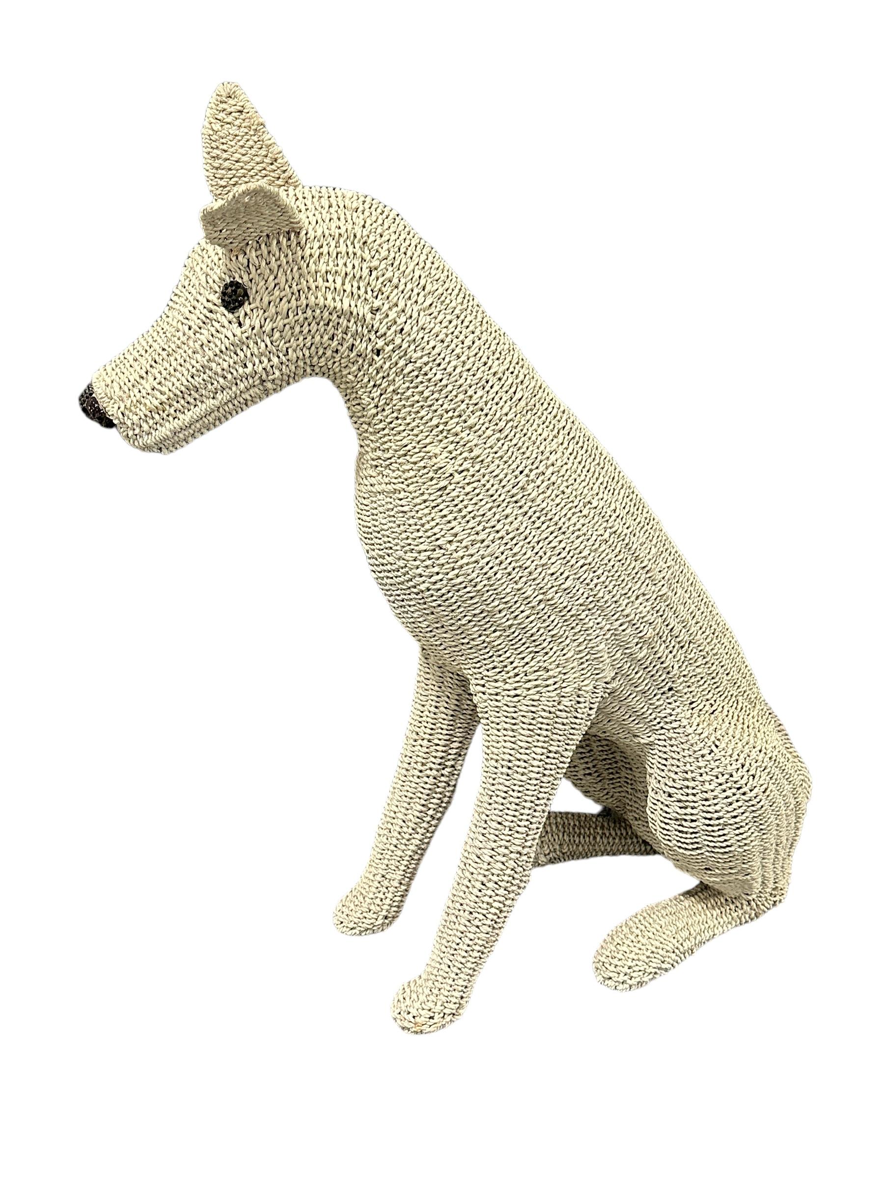 Italian Stunning Life Size White Rattan Wicker Dog Statue Figure, Italy, 1960s