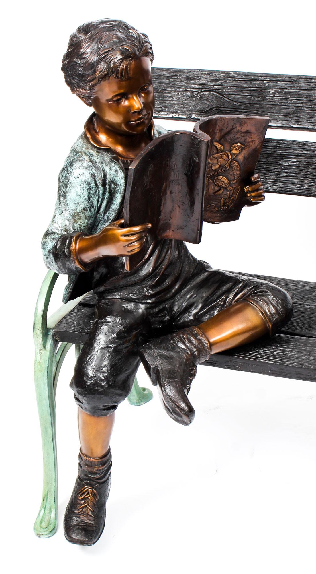 Stunning Lifesize Bronze Sculpture of Boy on a Garden Bench 20th Century In Excellent Condition In London, GB