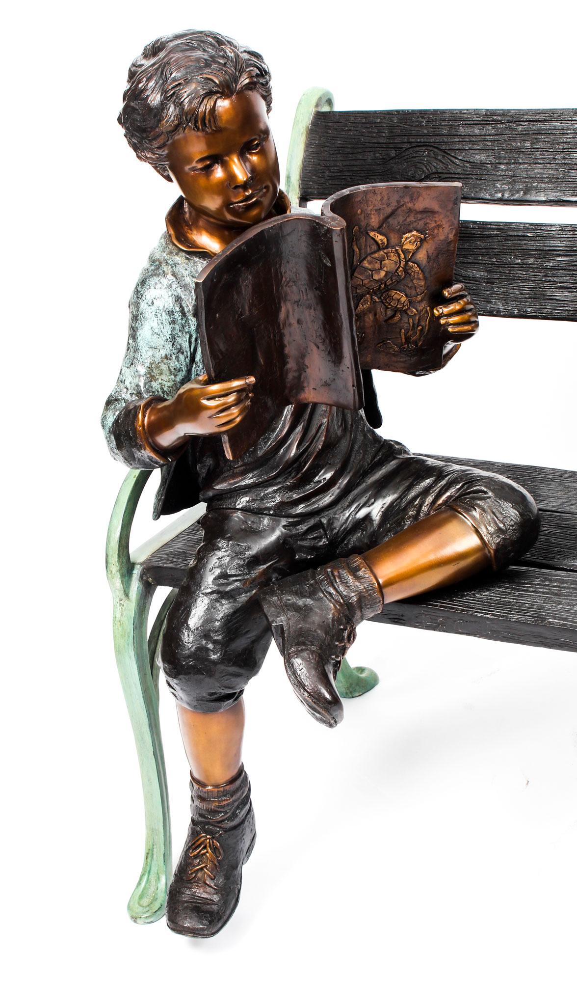 Stunning Lifesize Bronze Sculpture of Boy on a Garden Bench 20th Century 1