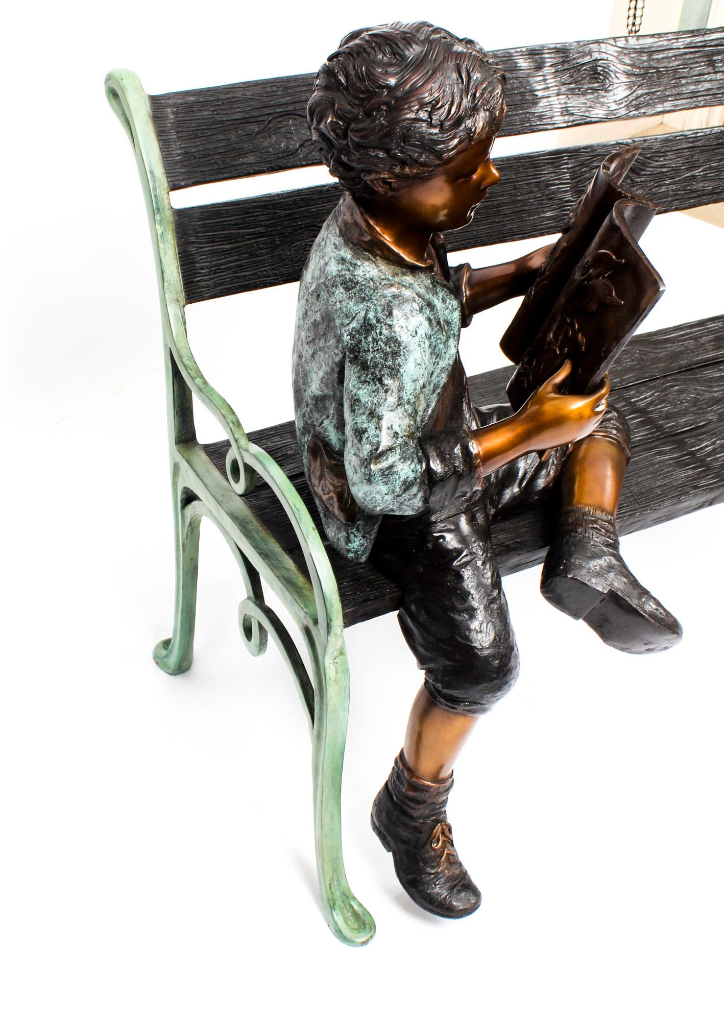 Stunning Lifesize Bronze Sculpture of Boy on a Garden Bench 20th Century 2