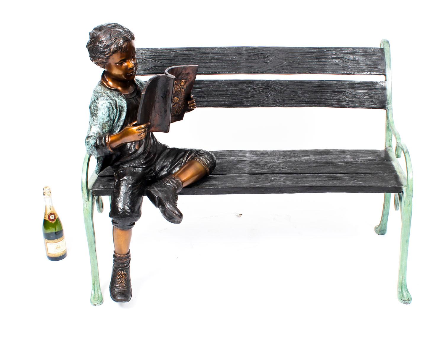 Stunning Lifesize Bronze Sculpture of Boy on a Garden Bench 20th Century 4