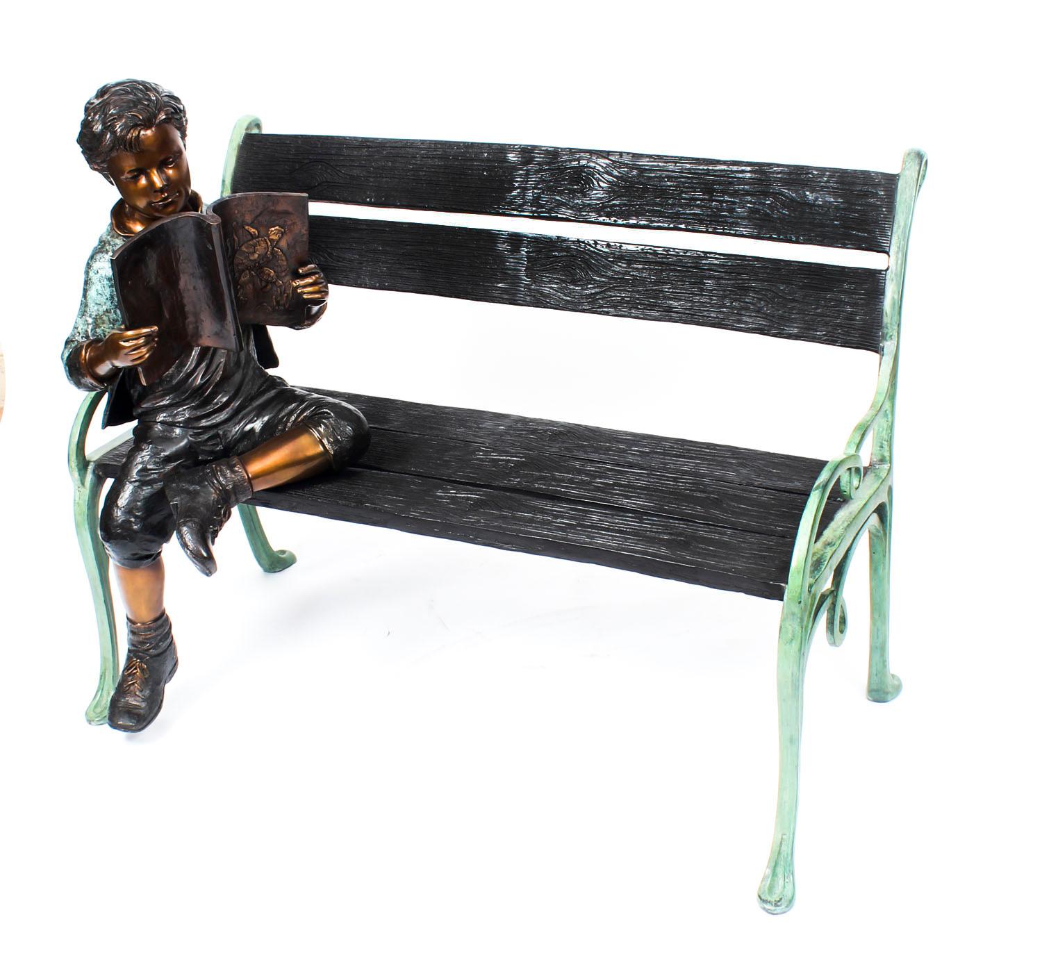 Stunning Lifesize Bronze Sculpture of Boy on a Garden Bench 20th Century 5