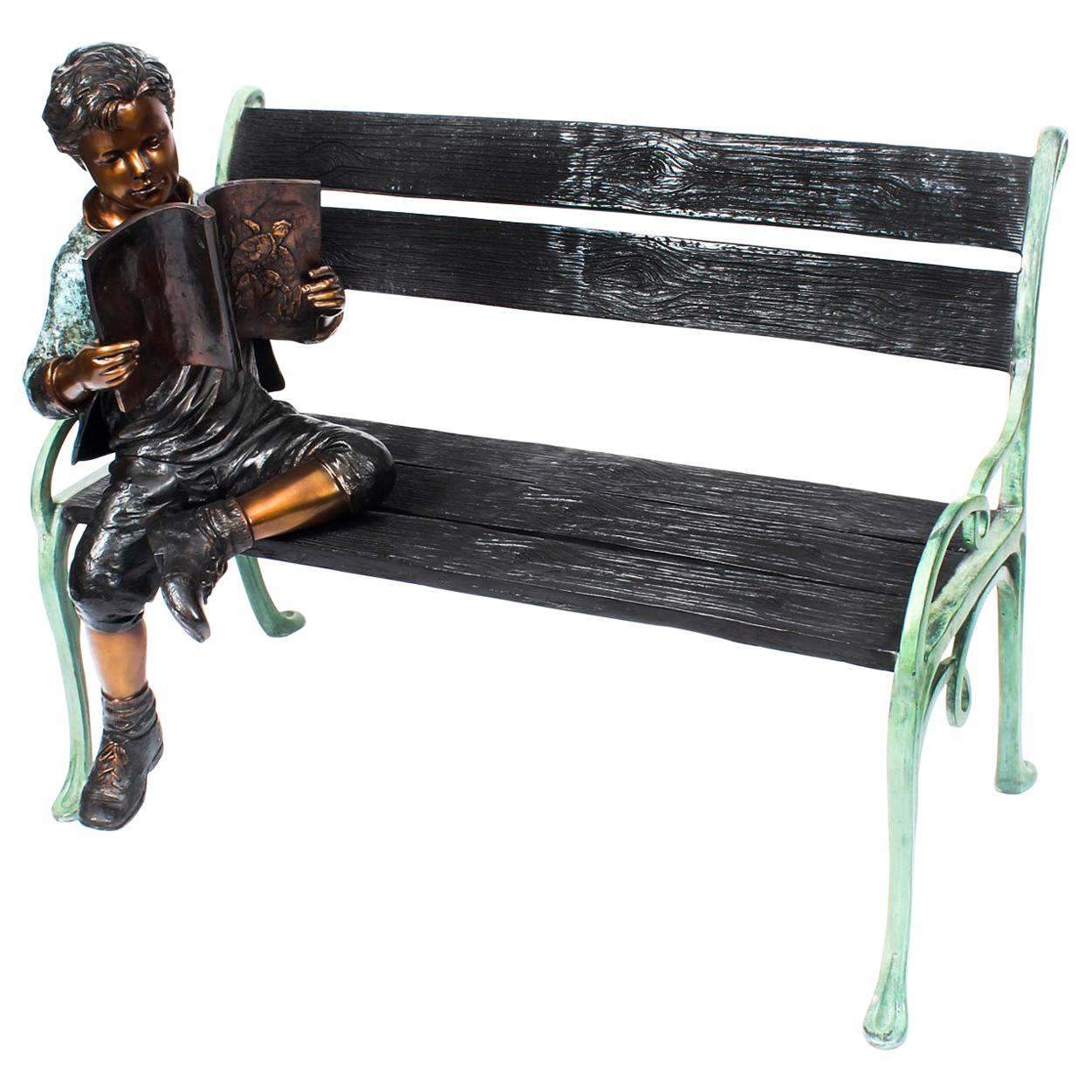 Stunning Lifesize Bronze Sculpture of Boy on a Garden Bench 20th Century