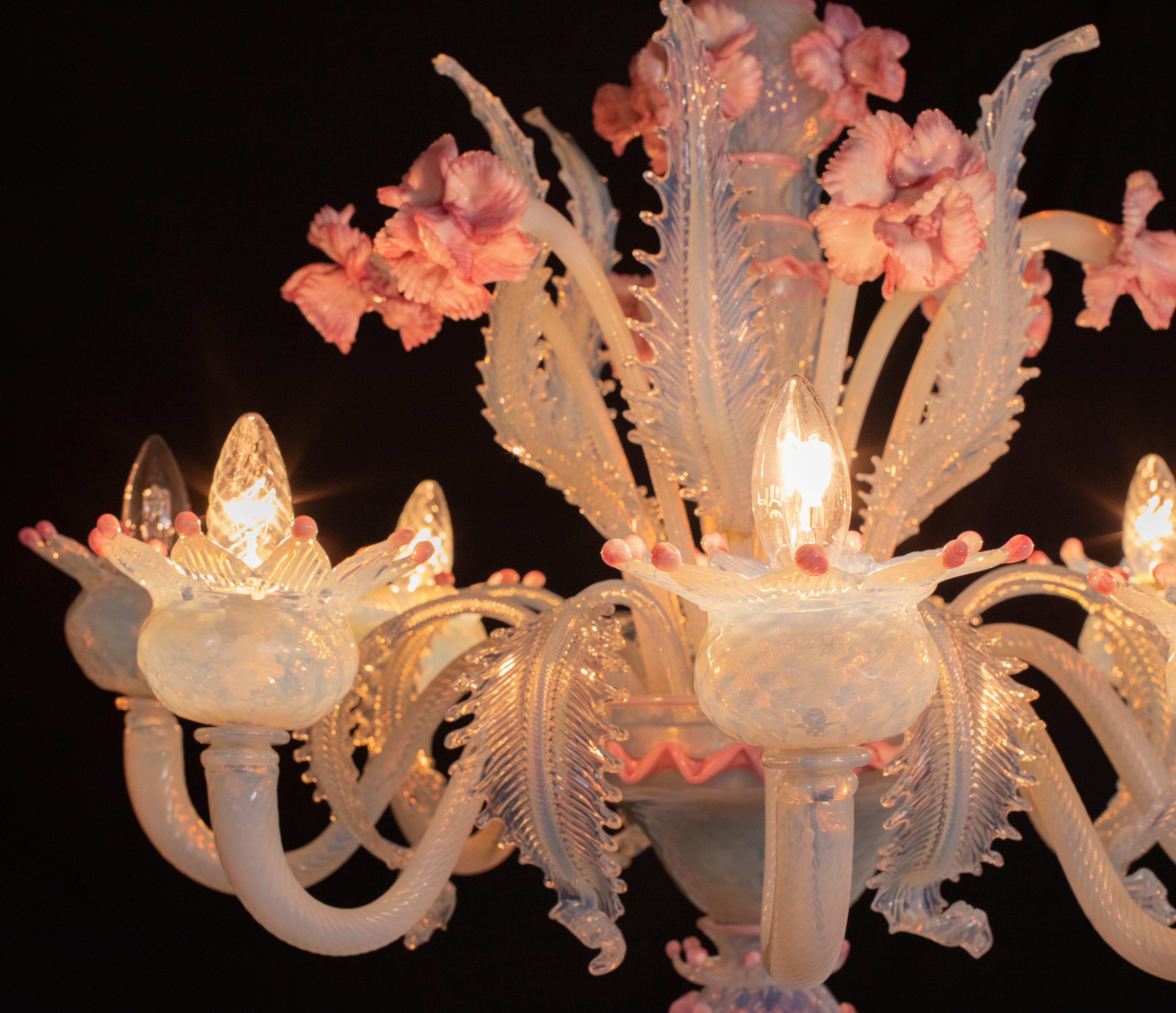 Stunning Light Blue and Pink Venetian Chandelier, Murano, 1950s For Sale 11