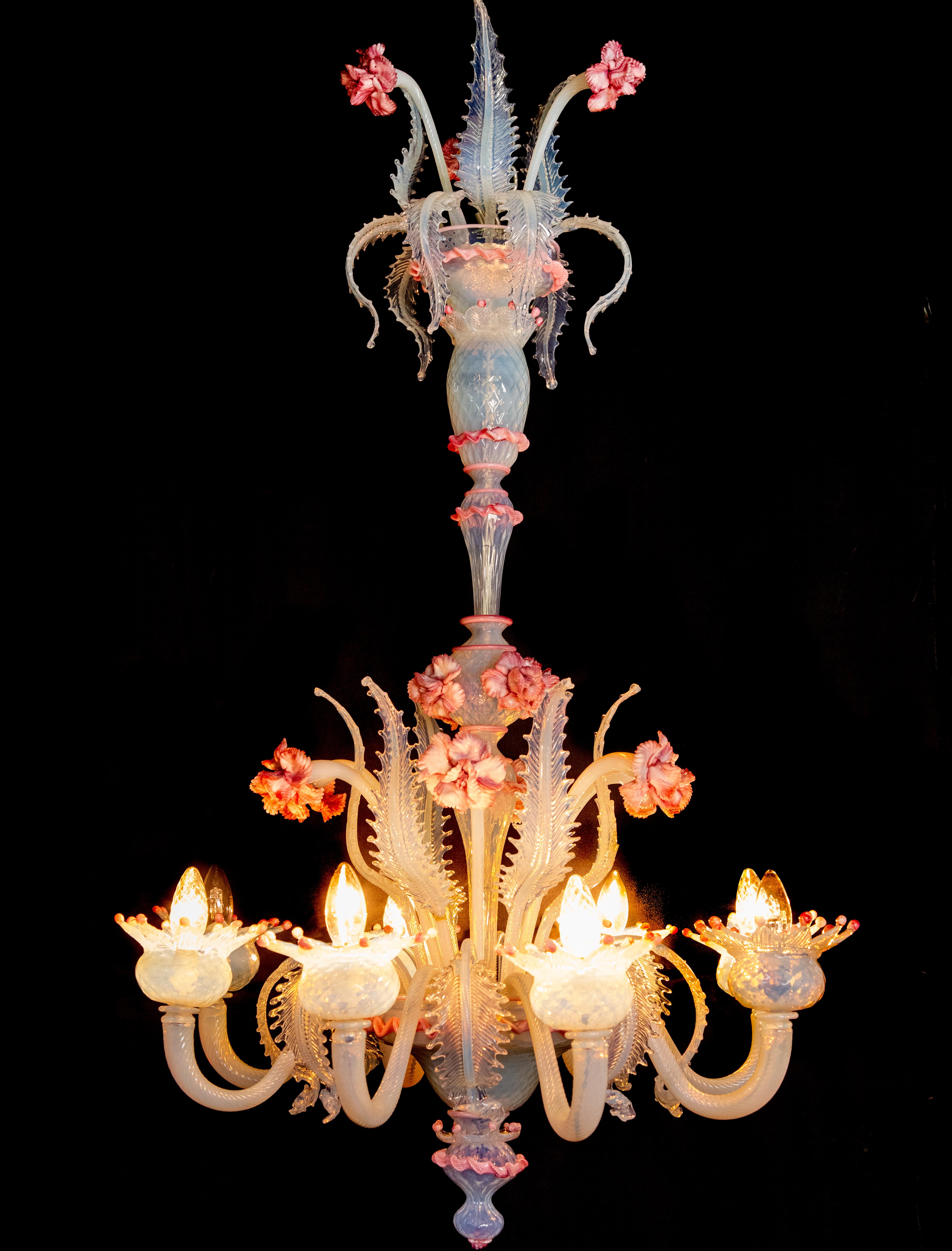 Mid-20th Century Stunning Light Blue and Pink Venetian Chandelier, Murano, 1950s For Sale