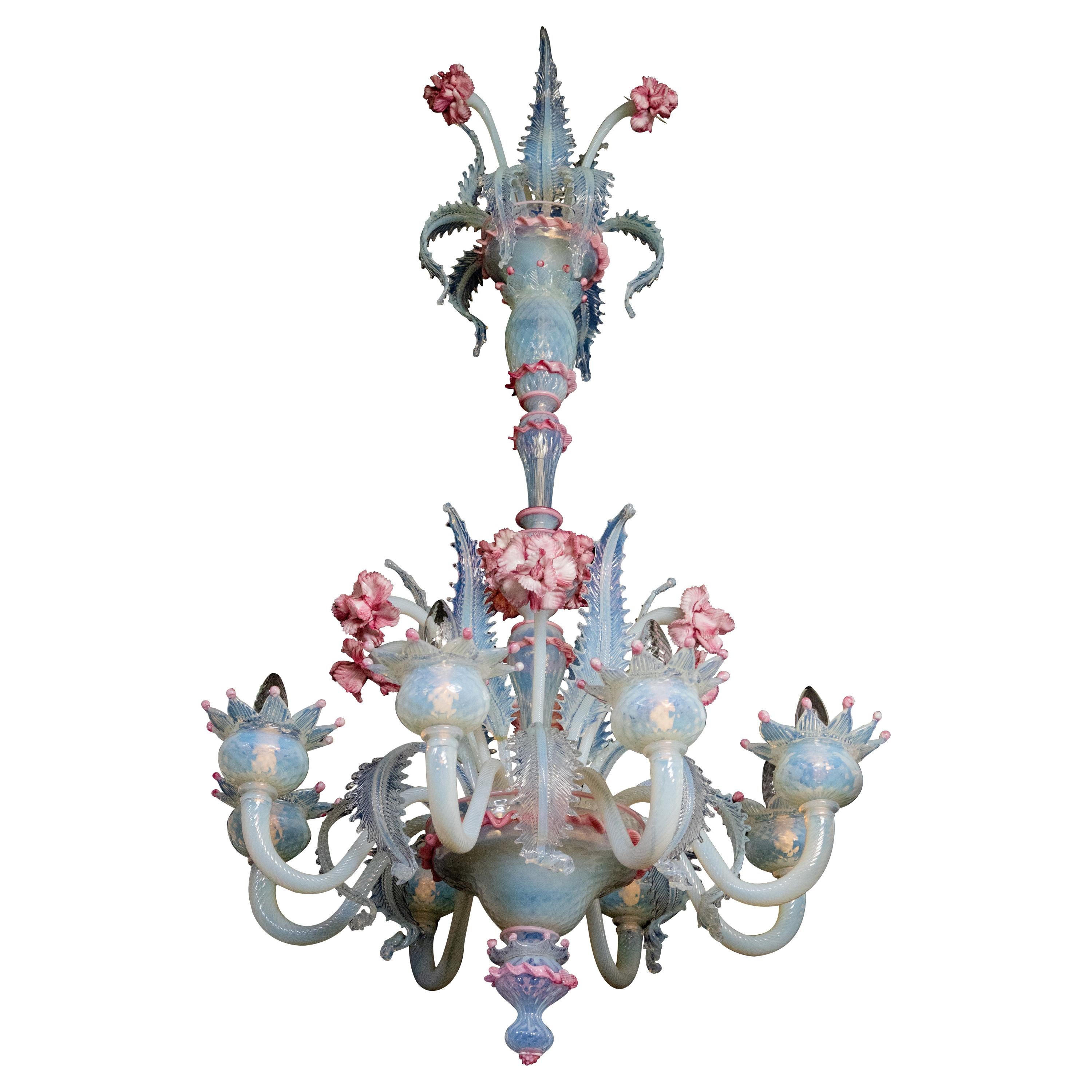 Stunning Light Blue and Pink Venetian Chandelier, Murano, 1950s For Sale