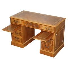 Stunning Light Walnut Twin Pedestal Partner Desk with Two Butlers Serving Trays