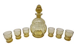 Stunning liqueur cut set, bottle & six glasses, amber 1920s Art Deco, Bohemian