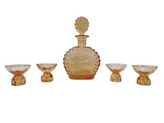 Stunning liqueur glass set, bottle and four glasses, 1920s Art Deco, Bohemian