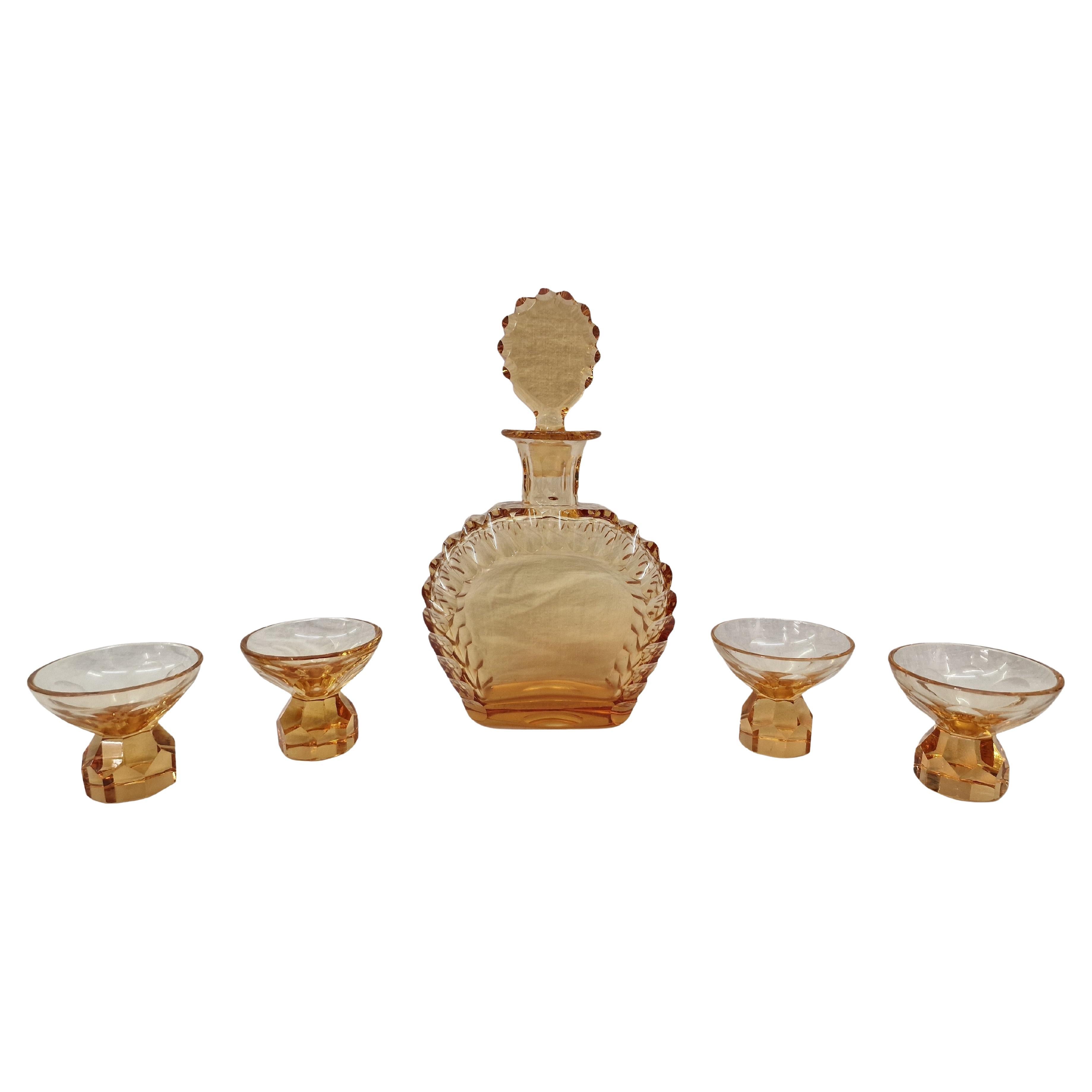 Stunning liqueur glass set, bottle and four glasses, 1920s Art Deco, Bohemian For Sale