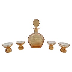 Stunning liqueur glass set, bottle and four glasses, 1920s Art Deco, Bohemian