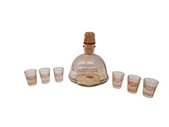 Stunning liqueur glass set, bottle and six glasses, 1920s Art Deco, Bohemian