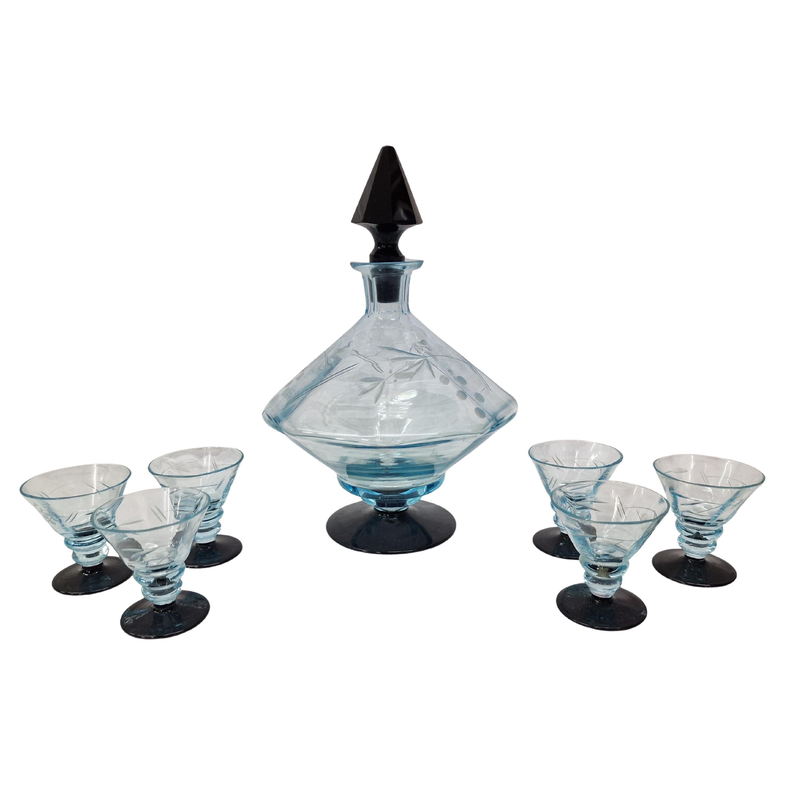 Stunning liqueur glass set, bottle and six glasses, 1920s Art Deco, Bohemian