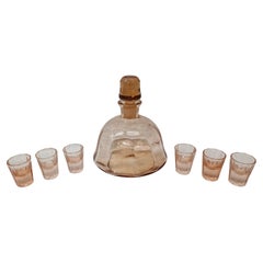 Stunning liqueur glass set, bottle and six glasses, 1920s Art Deco, Bohemian
