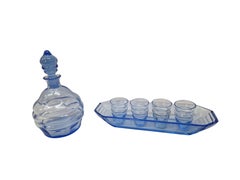 Stunning liqueur glass set, bottle four glasses tray, 1920s Art Deco, Bohemian