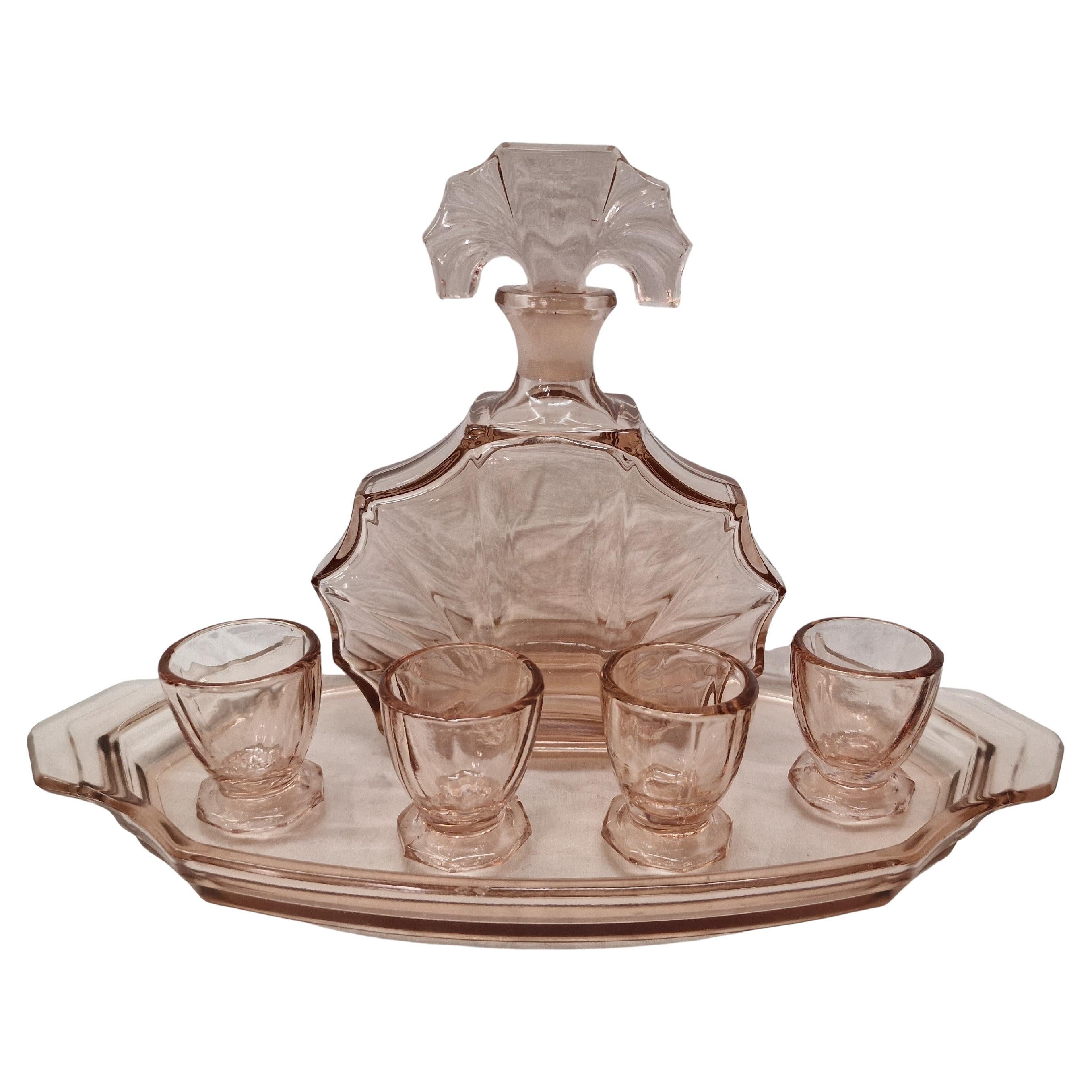 Stunning liqueur glass set, bottle four glasses tray, 1920s Art Deco, Bohemian