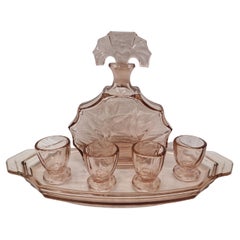 Stunning liqueur glass set, bottle four glasses tray, 1920s Art Deco, Bohemian