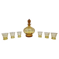 Stunning liqueur glass set, bottle & six glasses, amber 1920s Art Deco, Bohemian